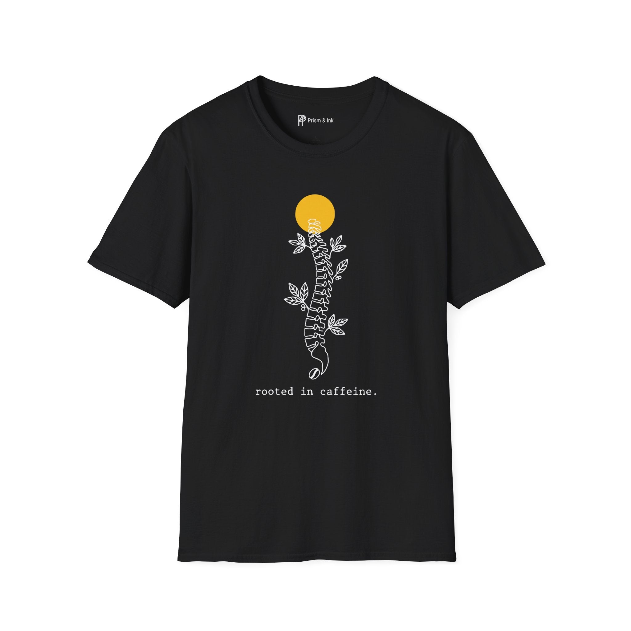 Rooted in Caffeine T-Shirt — Spinal Coffee Branch and Sun Graph