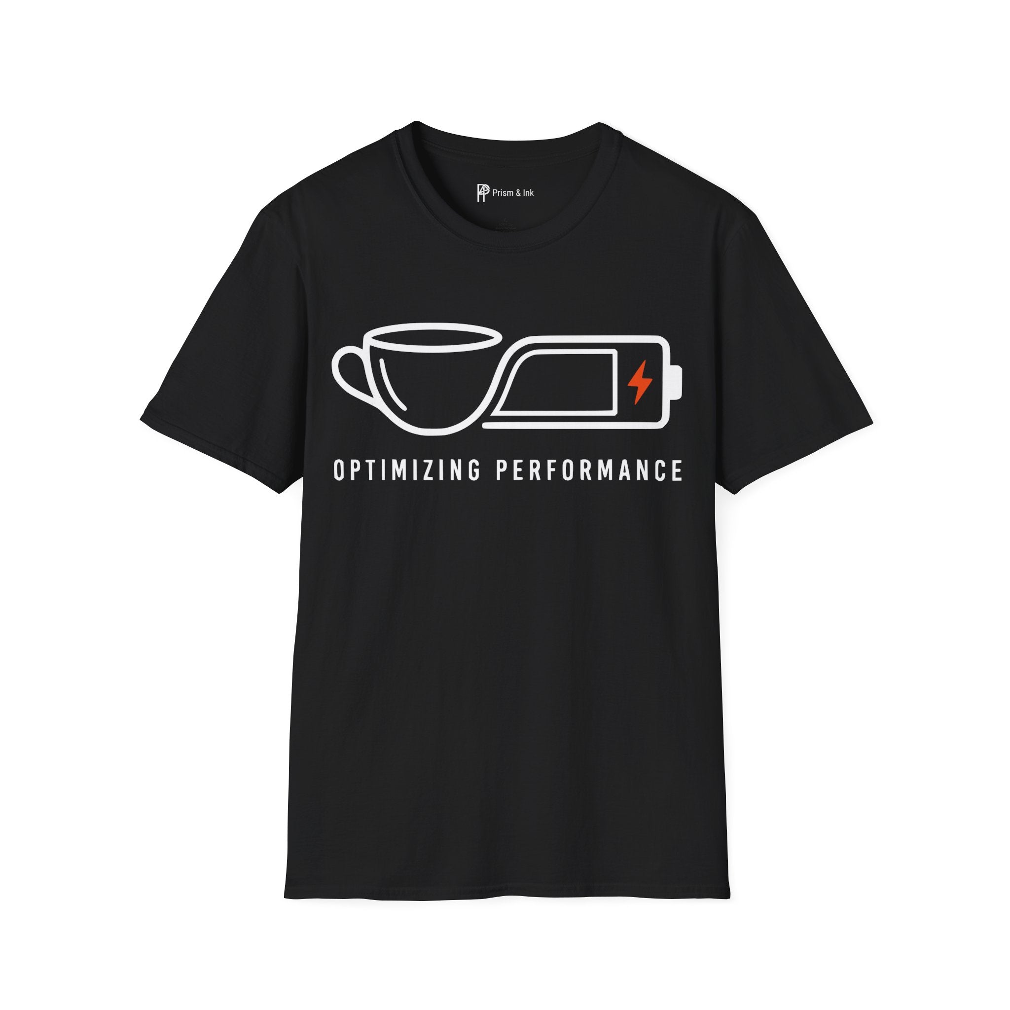 Optimizing Performance T-Shirt — Minimalist Coffee Cup & Battery Charge Graphic