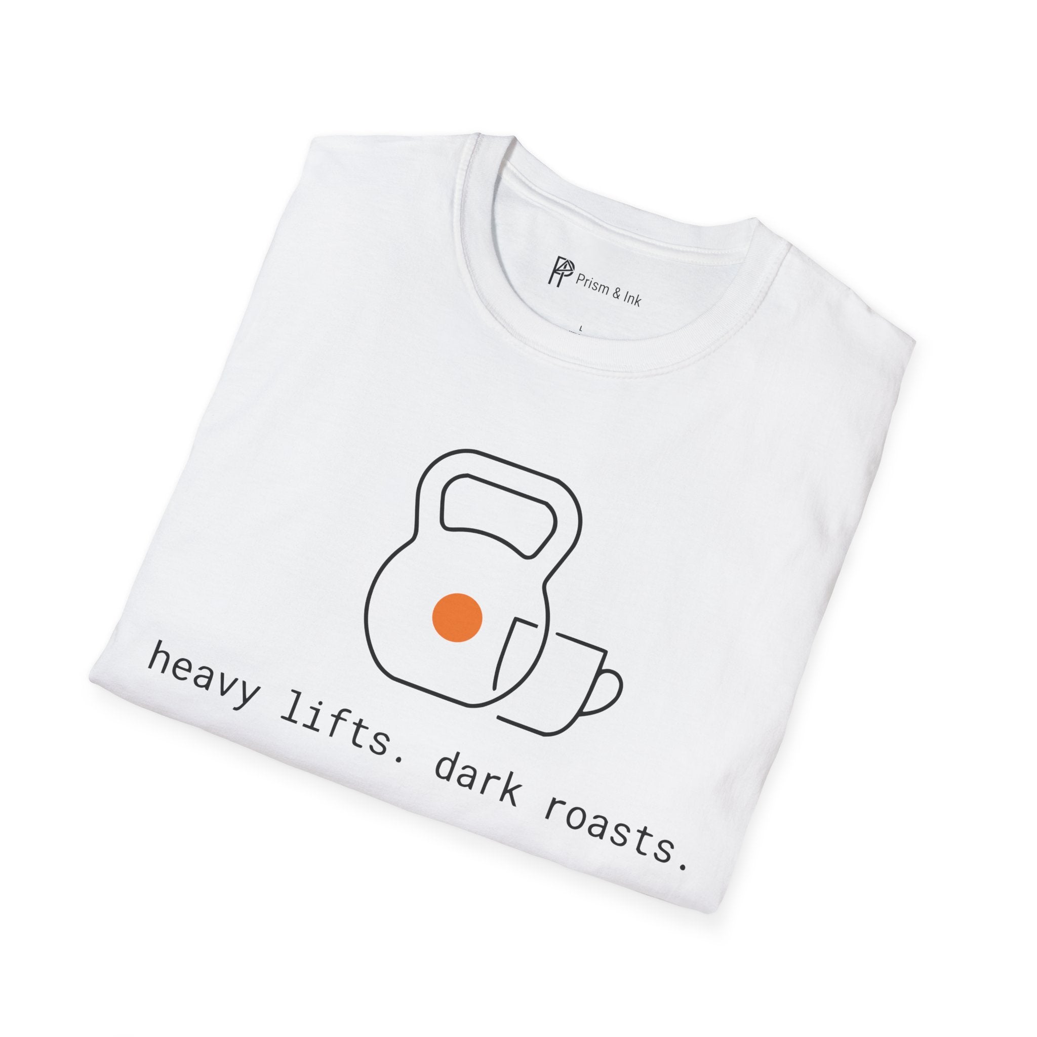 Heavy Lifts & Dark Roasts T-Shirt — Minimalist Kettlebell & Coffee Line Art