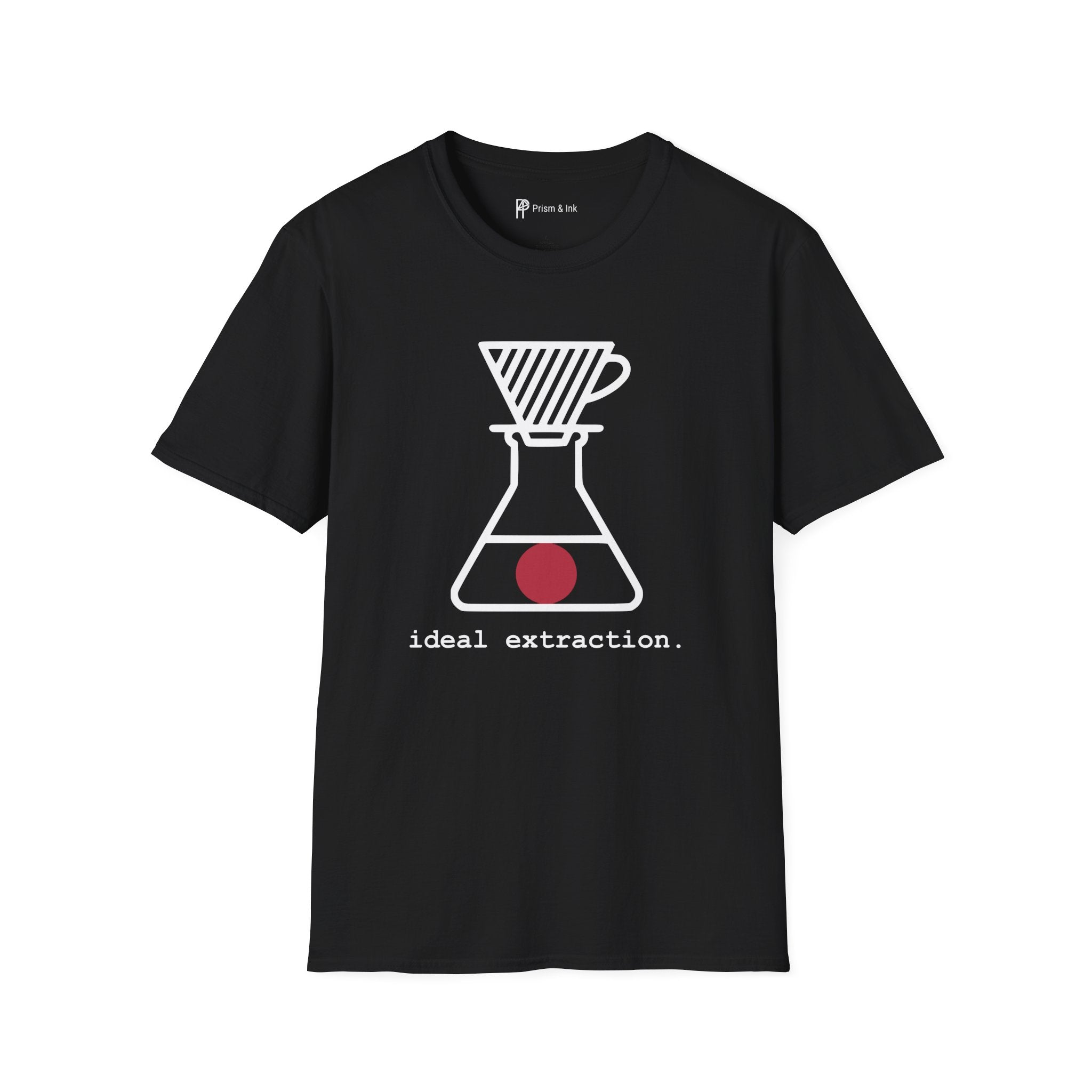 Ideal Extraction T-Shirt — Minimalist Lab Flask & Coffee Science Art
