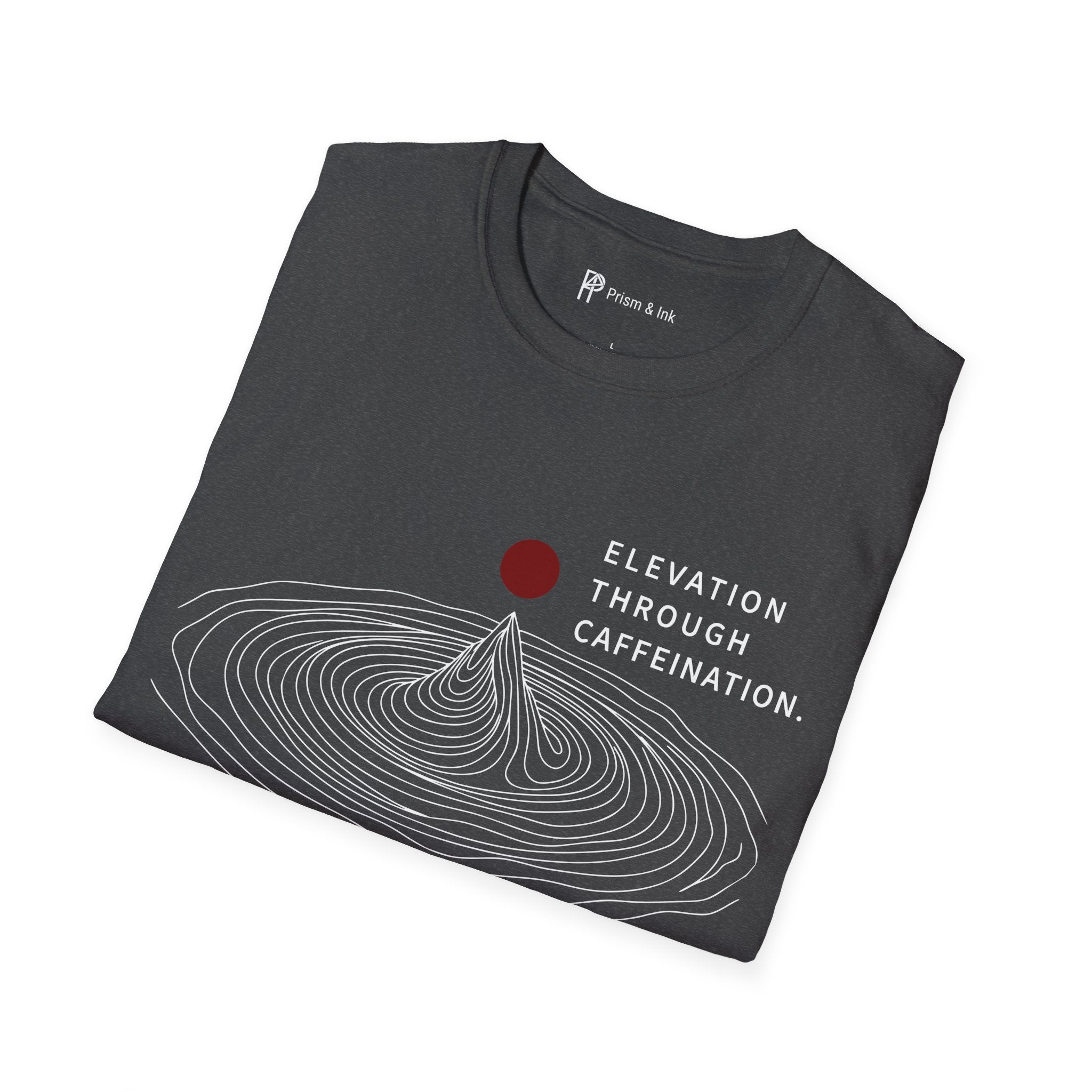 Elevation Through Caffeination T-Shirt — Topographic Peak and Caffeination Graph