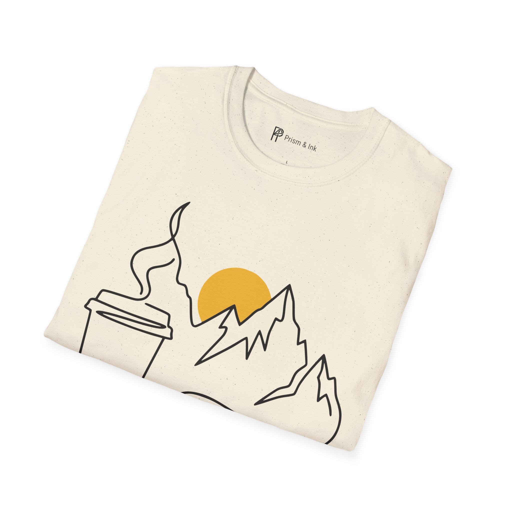 Early Climbs & Caffeine T-Shirt — Minimal Mountain and Mug Line Art