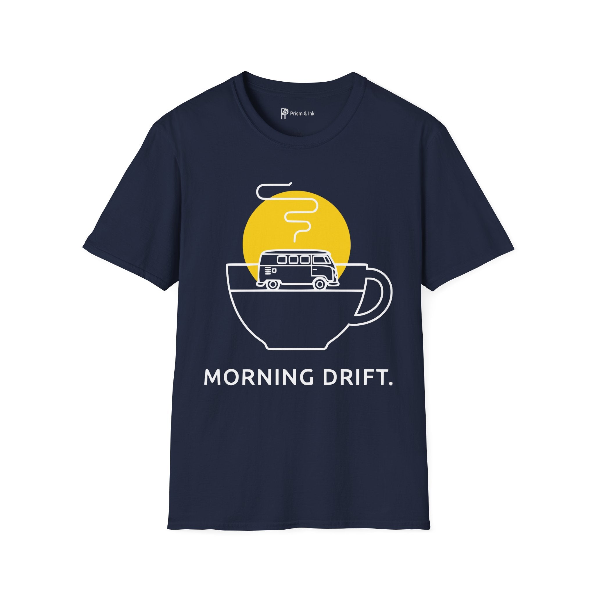 Morning Drift T-Shirt — Retro Camper Van and Coffee Cup