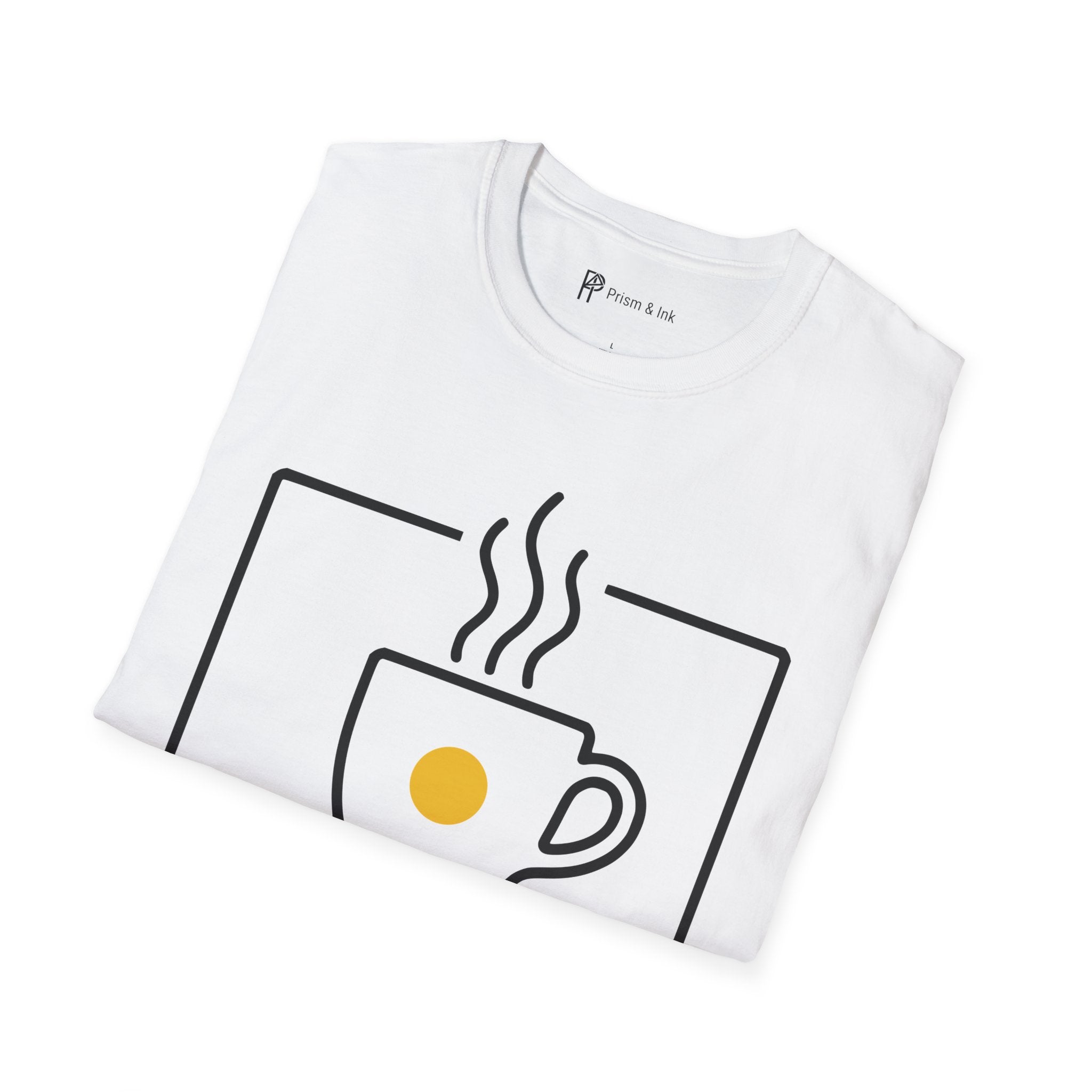 Framing the Morning Light T-Shirt — Minimalist Viewfinder & Coffee Cup Art