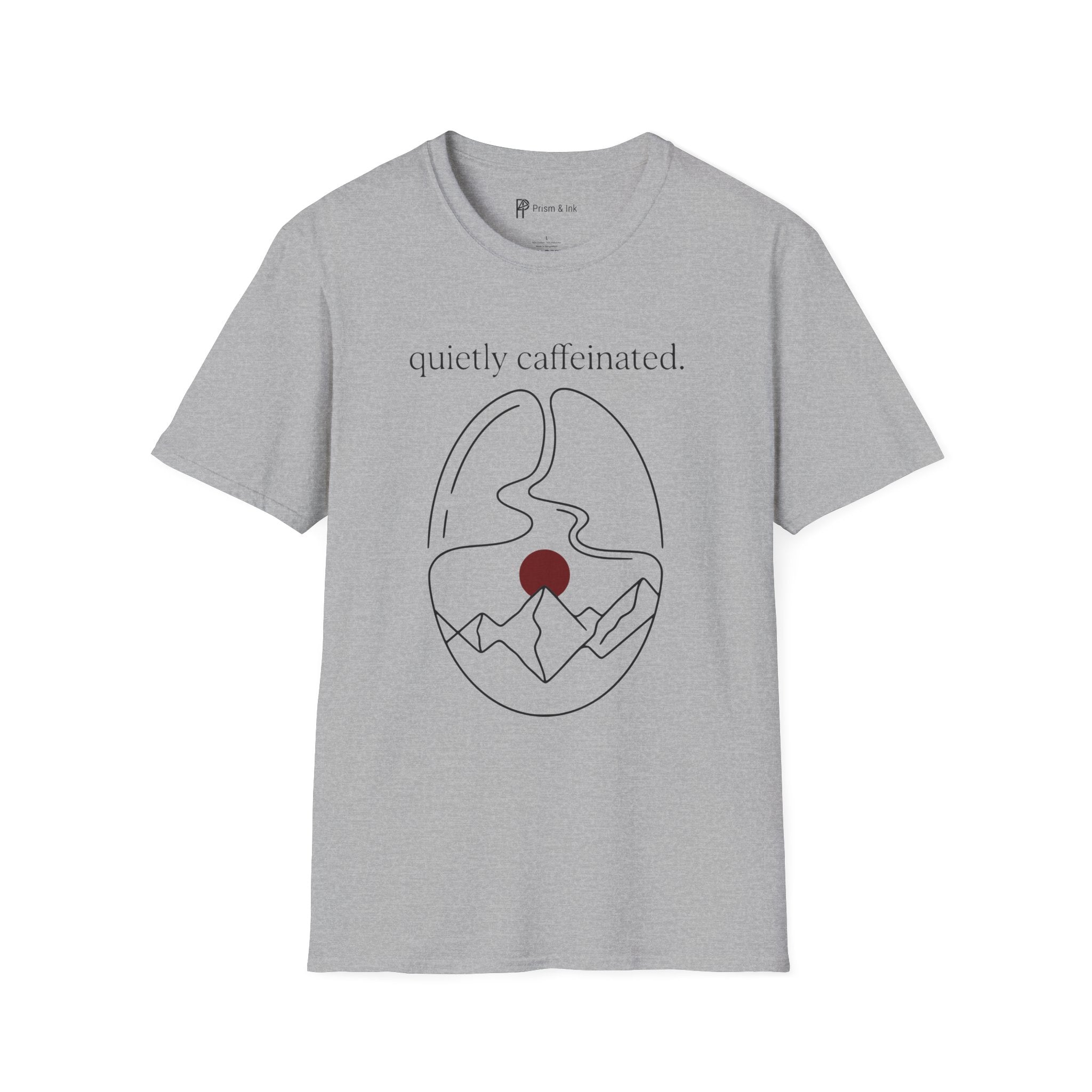 Quietly Caffeinated T-Shirt — Coffee Bean and Mountain Peak Graph