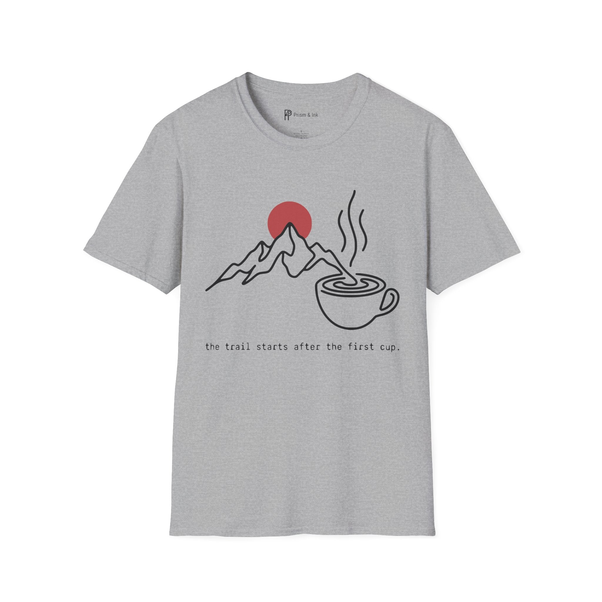 Trail Starts After Coffee T-Shirt — Minimalist Mountain & First Cup Graphic