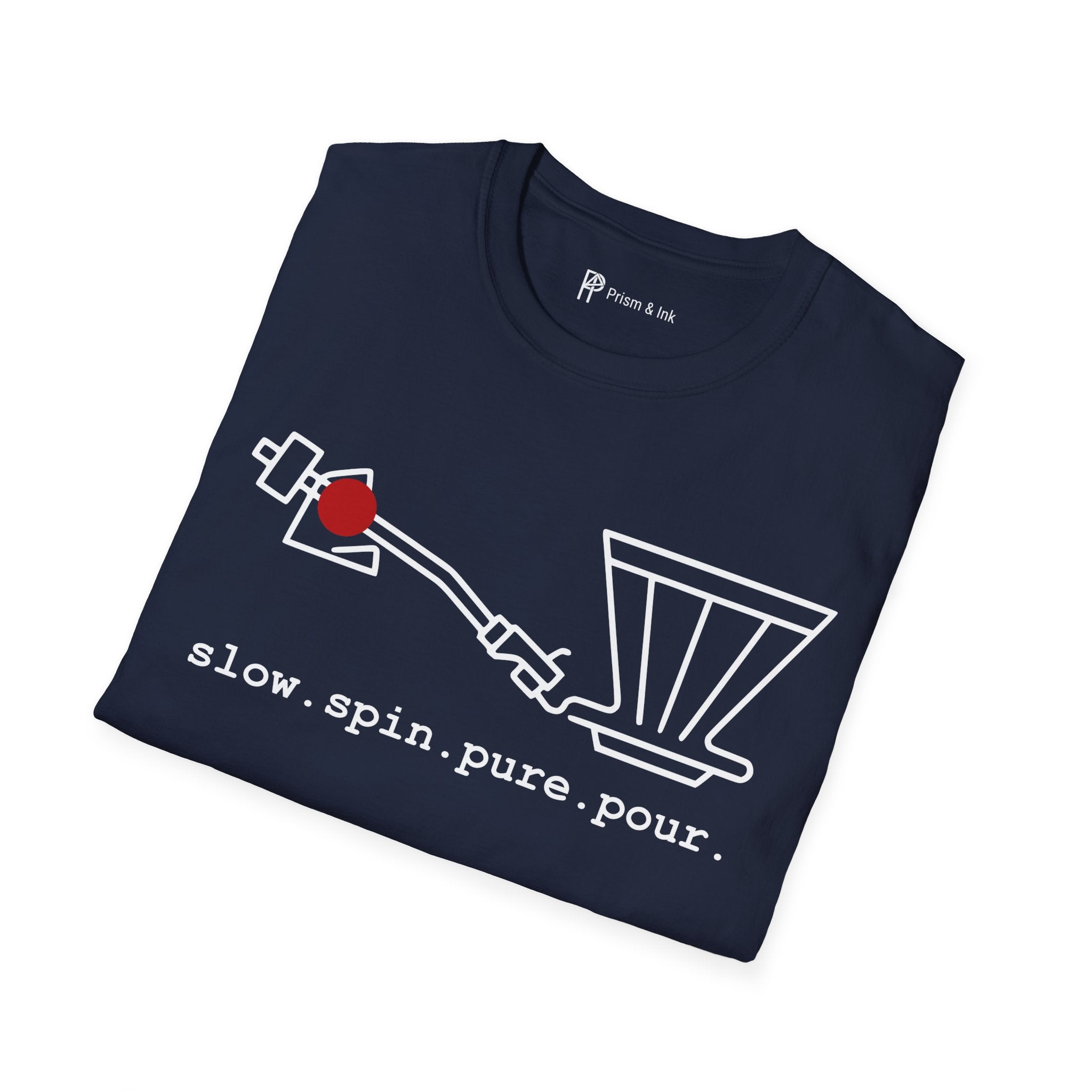 Slow Spin Pure Pour T-Shirt — Minimalist Vinyl Tonearm & Coffee Dripper Art