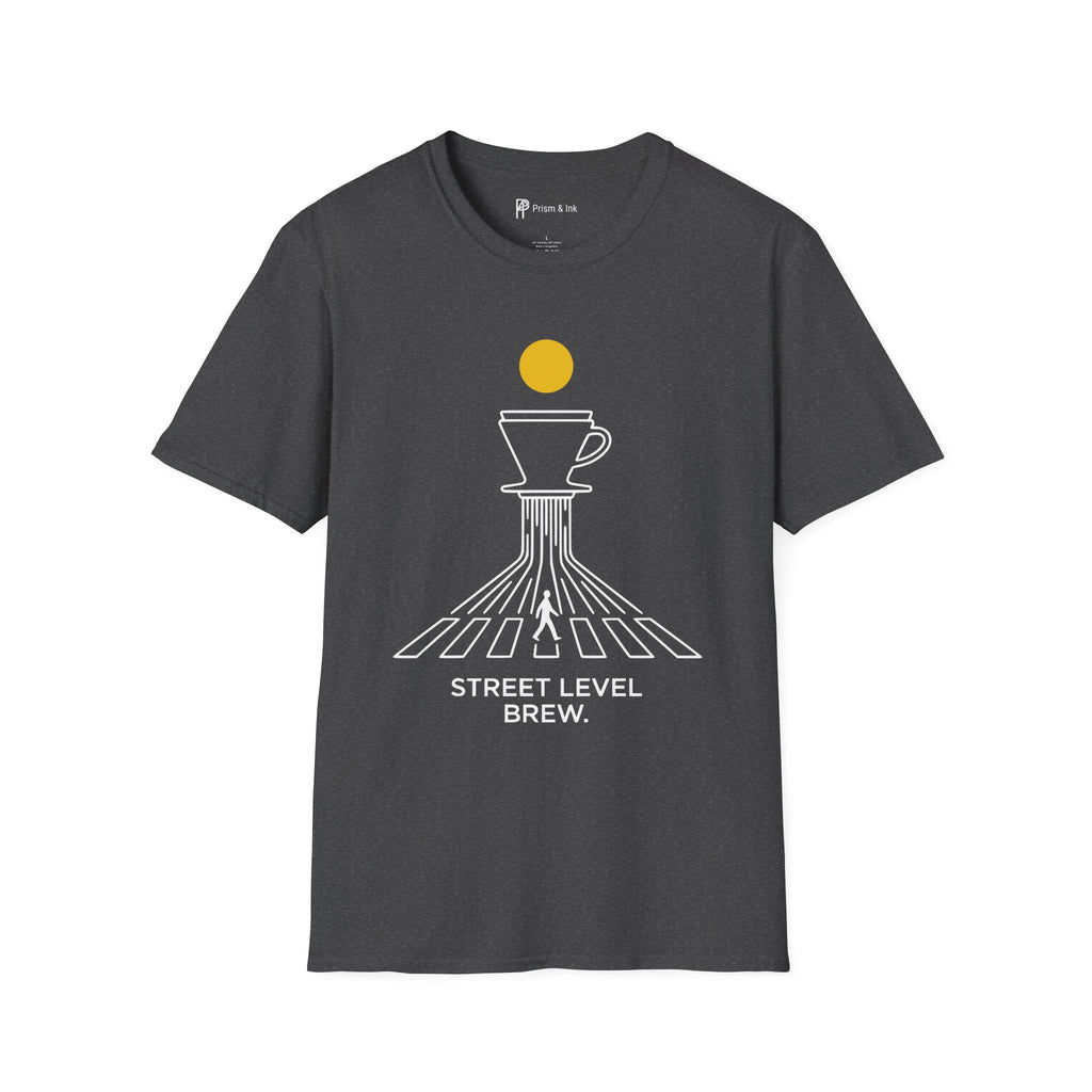 Street Level Brew T-Shirt — Pour-Over Dripper and Crosswalk Silhouette