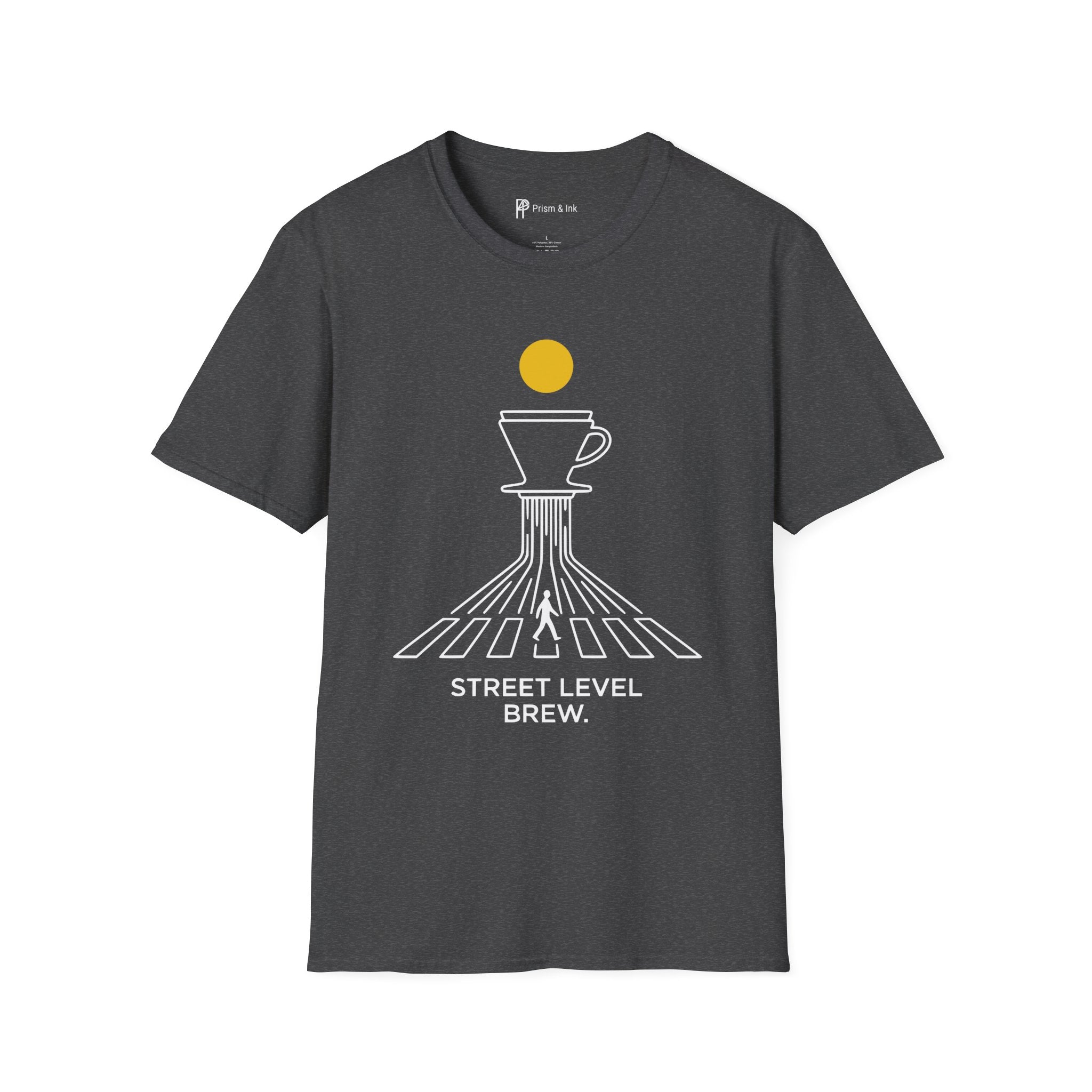 Street Level Brew T-Shirt — Pour-Over Dripper and Crosswalk Silhouette