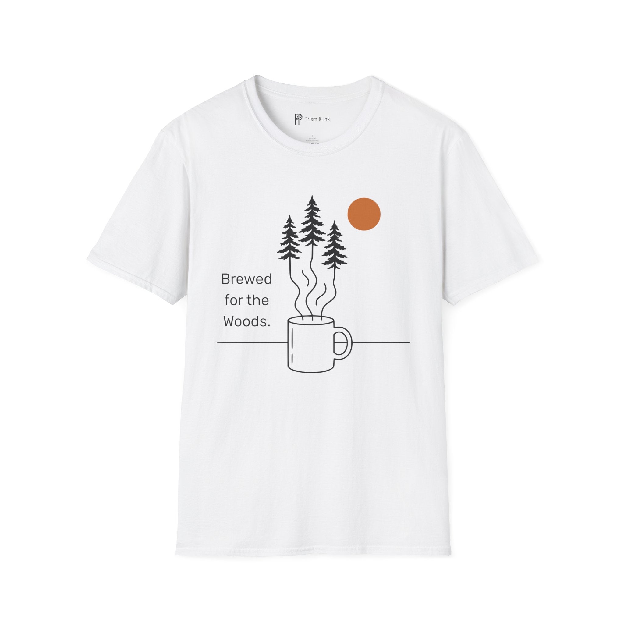 Brewed for the Woods T-Shirt — Coffee Steam Pine Tree Graph