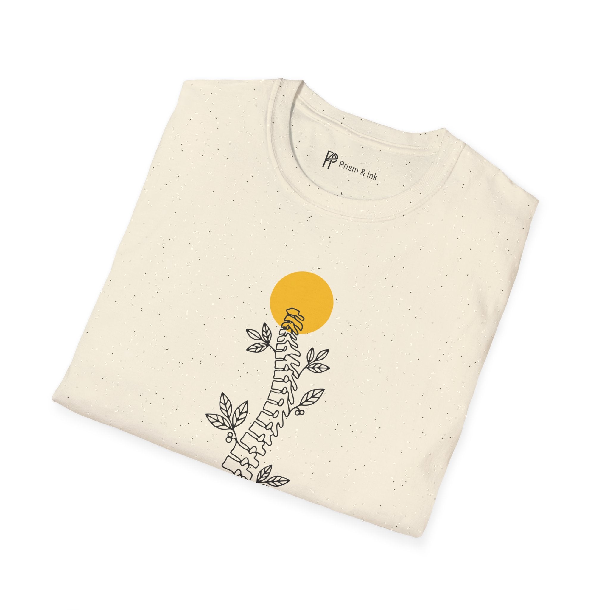 Rooted in Caffeine T-Shirt — Spinal Coffee Branch and Sun Graph