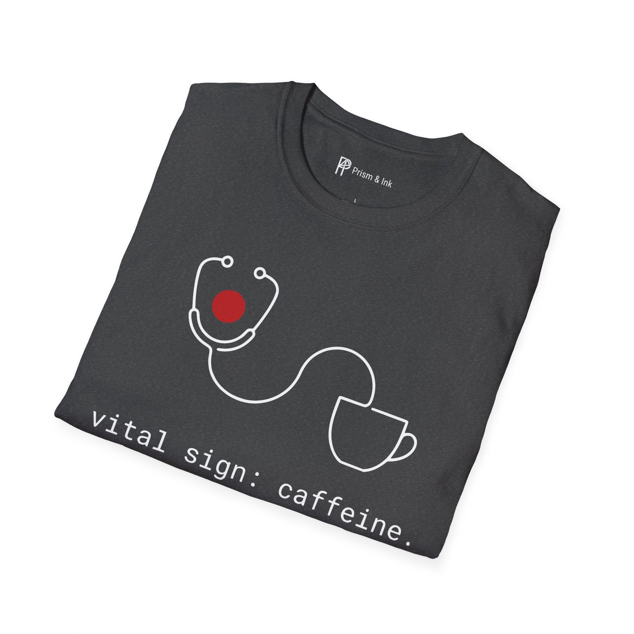 Vital Sign: Caffeine T-Shirt — Minimalist Stethoscope & Coffee Art