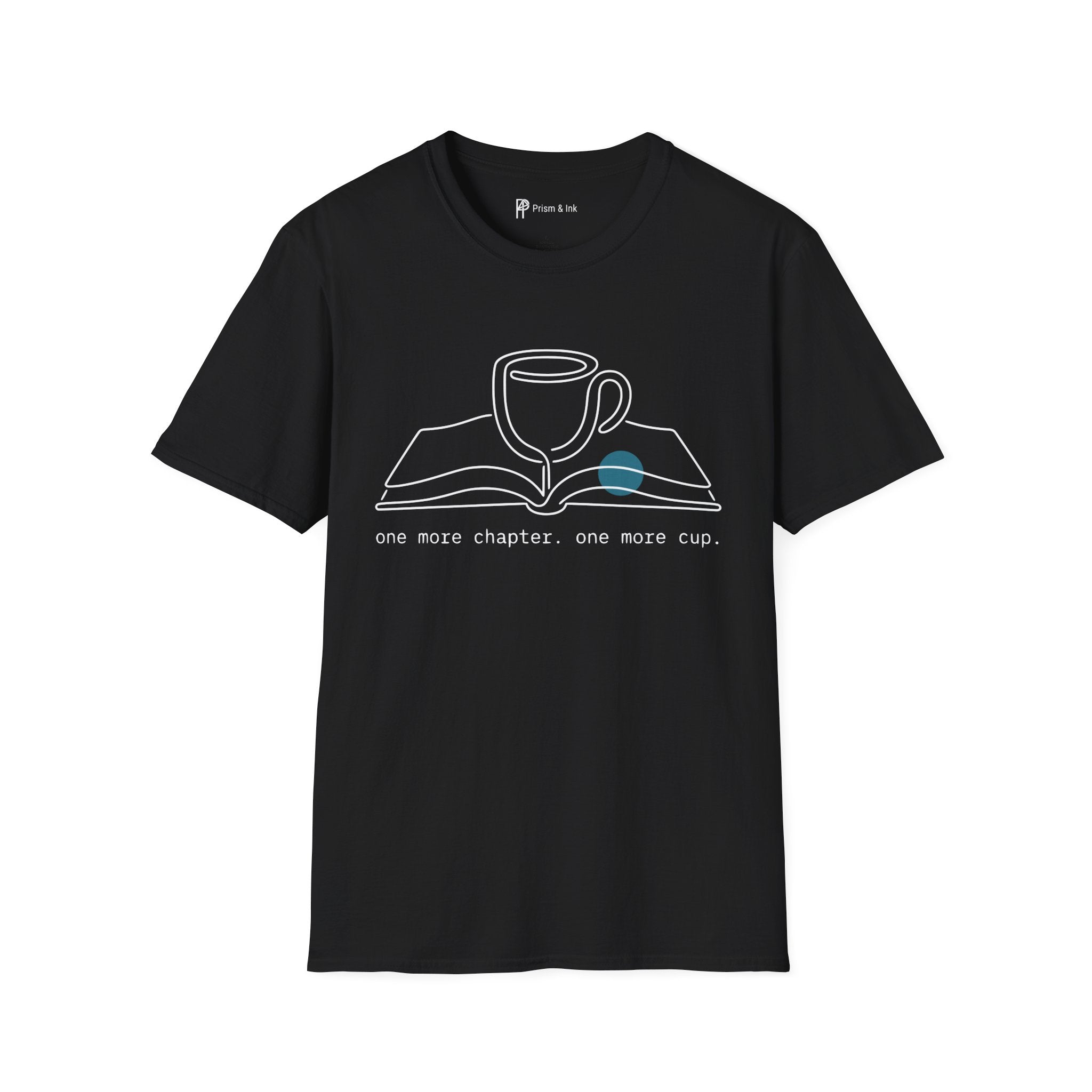 One More Chapter T-Shirt — Minimalist Book & Coffee Ritual Art