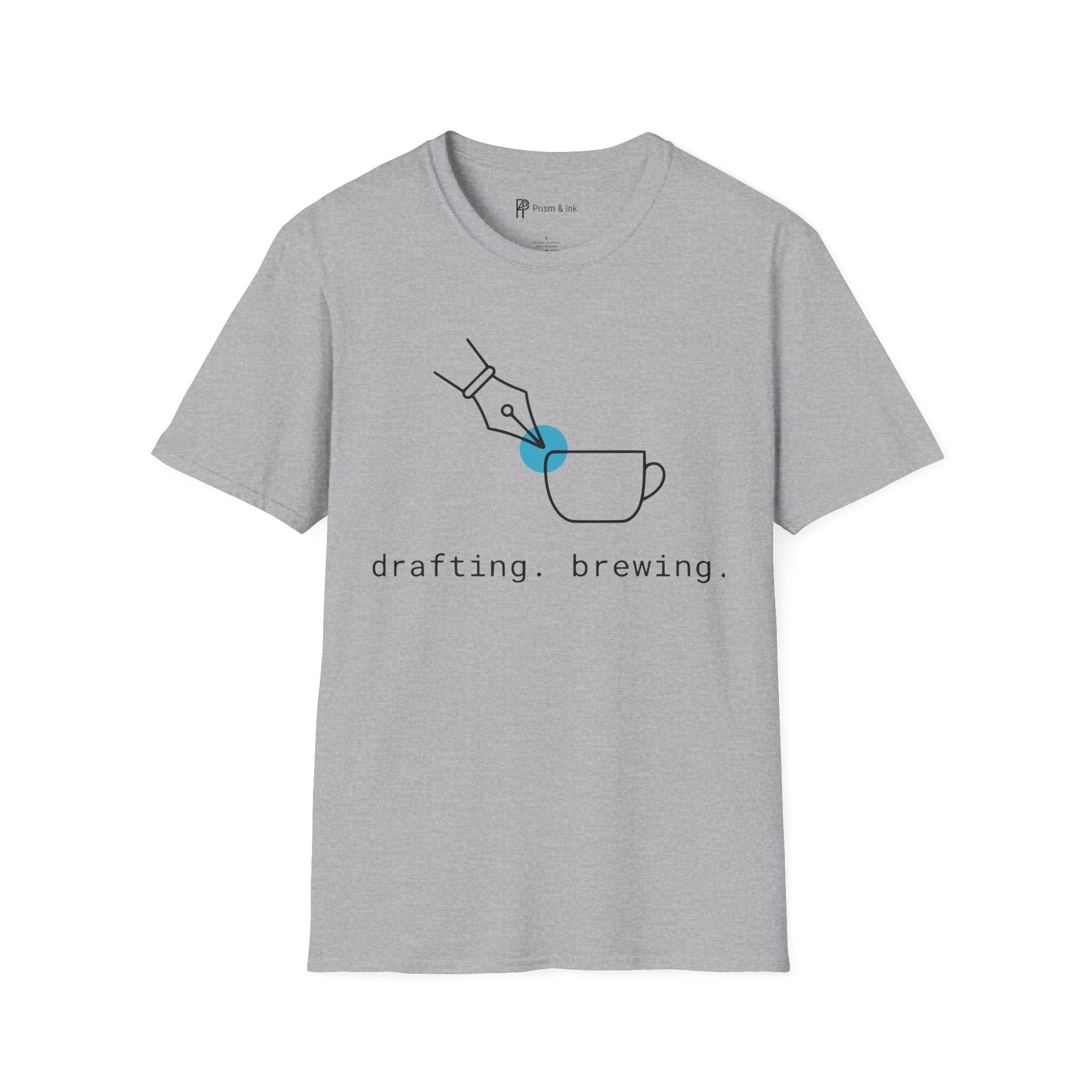 Drafting & Brewing T-Shirt — Minimalist Pen Nib & Coffee Line Art