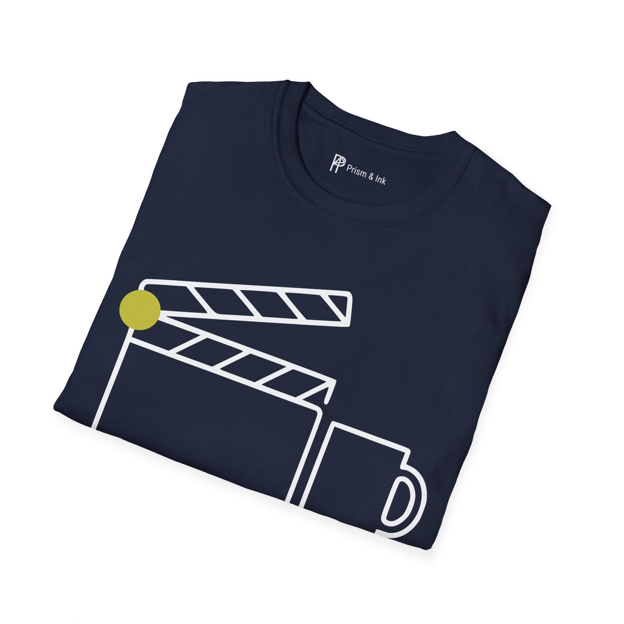 Final Cut First Cup T-Shirt — Minimalist Movie Clapper & Coffee Art