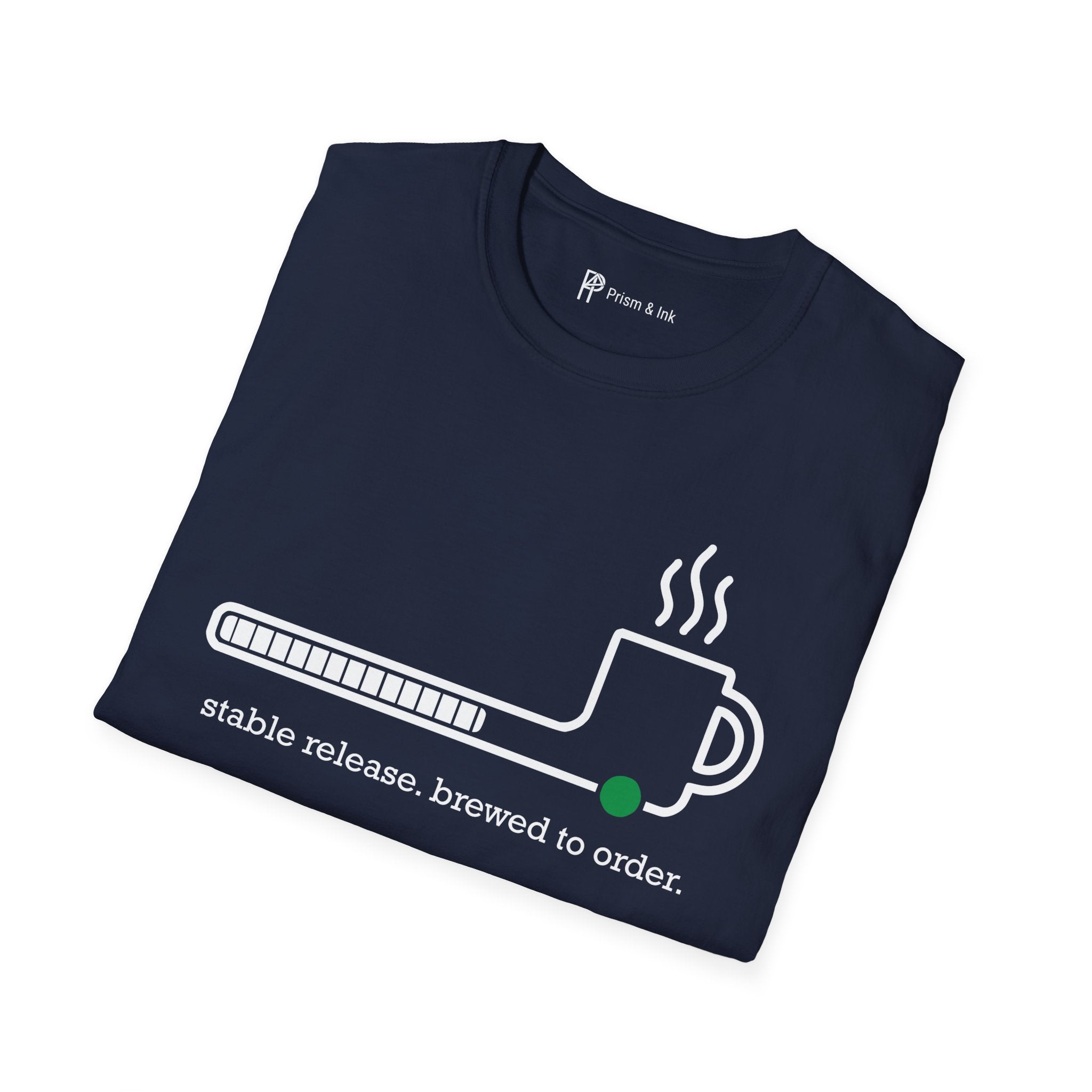 Stable Release Coffee T-Shirt — Minimalist Loading Bar & Brew Graphic