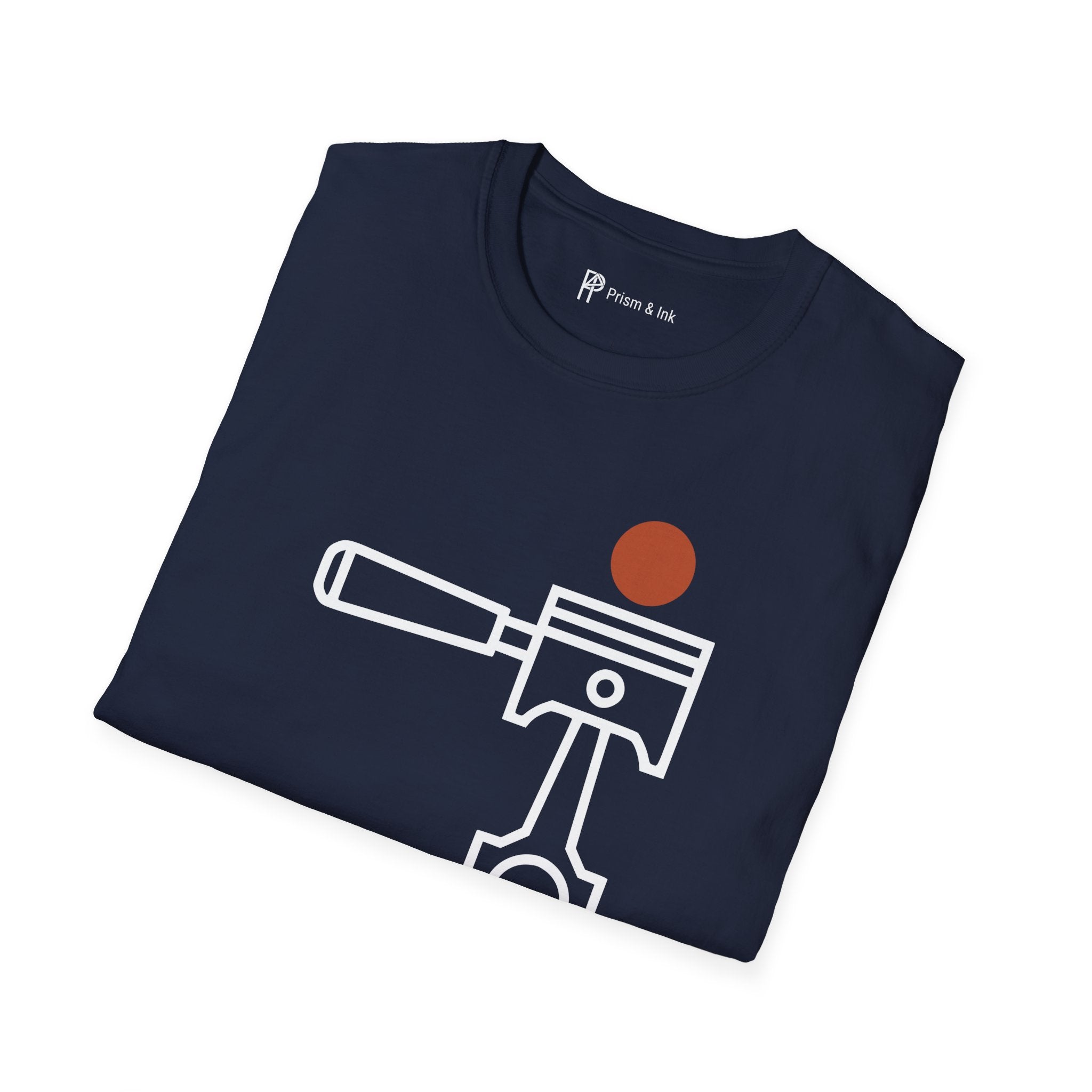 High Performance Dark Roast T-Shirt — Minimalist Piston & Portafilter Mechanical Art