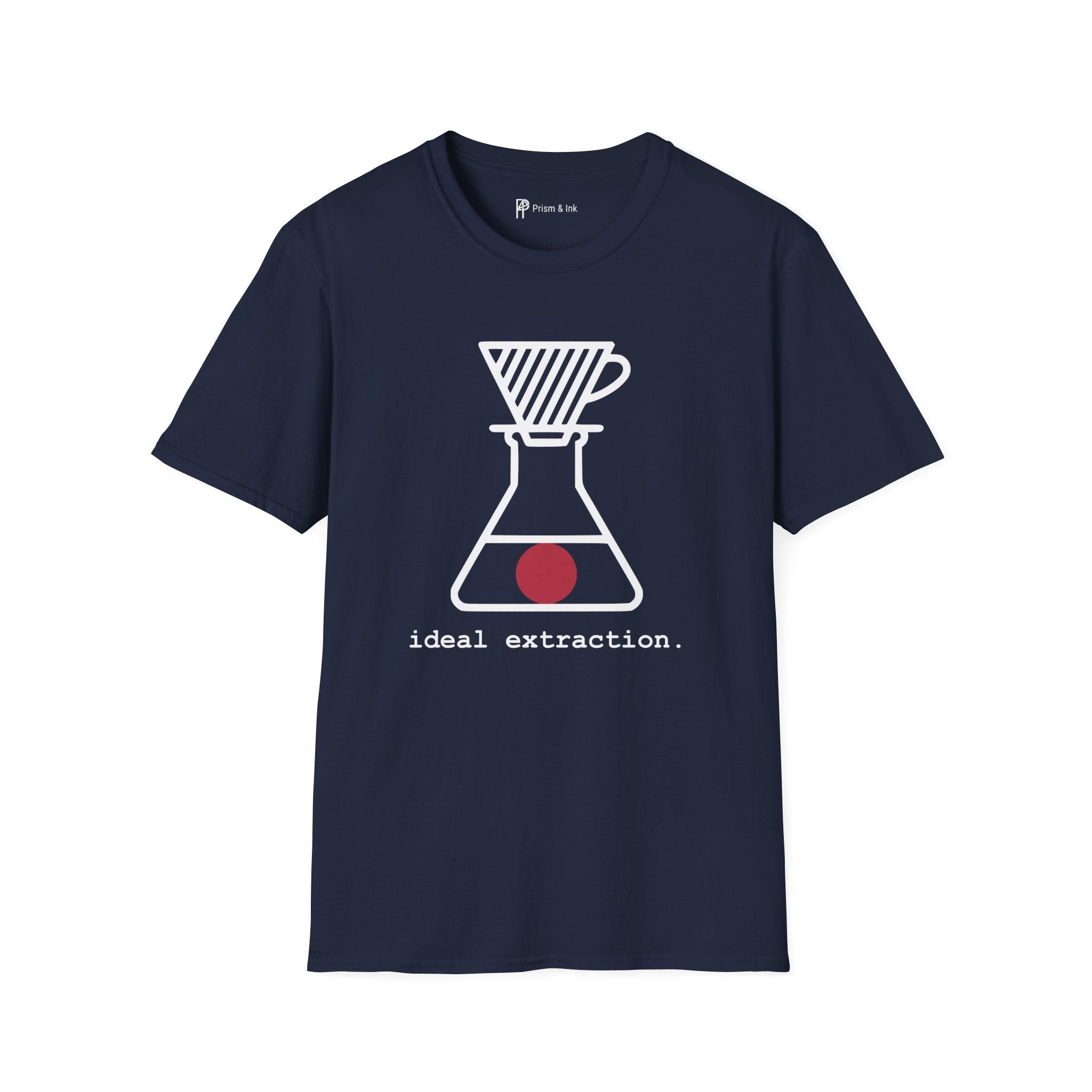 Ideal Extraction T-Shirt — Minimalist Lab Flask & Coffee Science Art