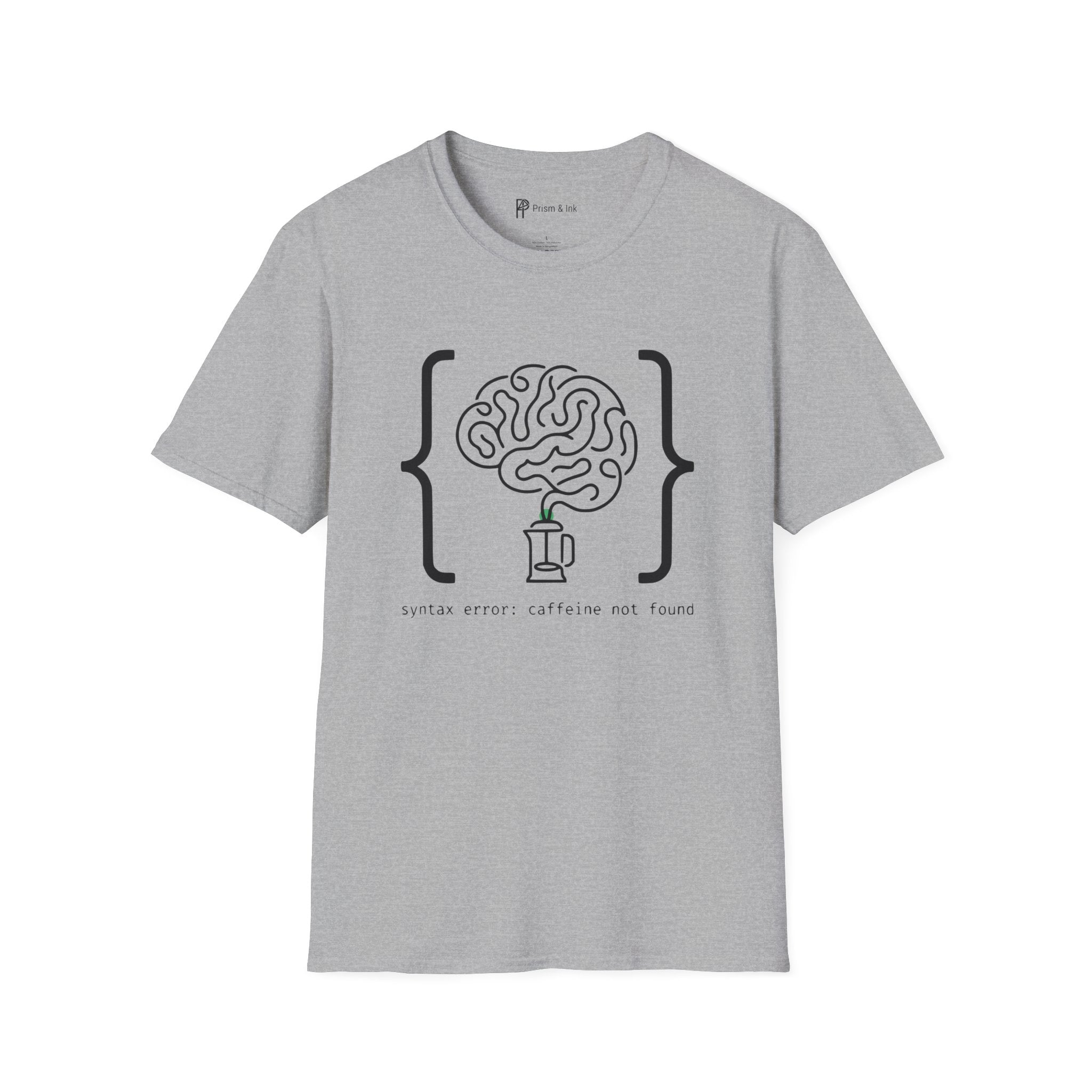 Syntax Error Caffeine Not Found T-Shirt — Minimalist Developer Brain & Coffee Art