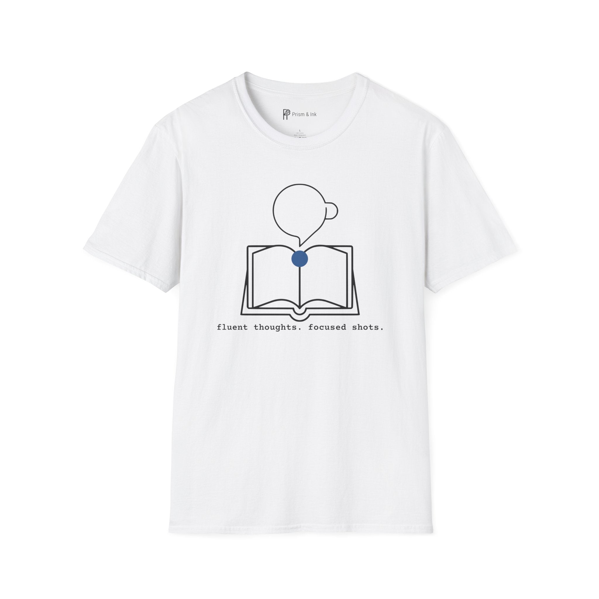 Fluent Thoughts Focused Shots T-Shirt — Minimalist Open Book & Coffee Art