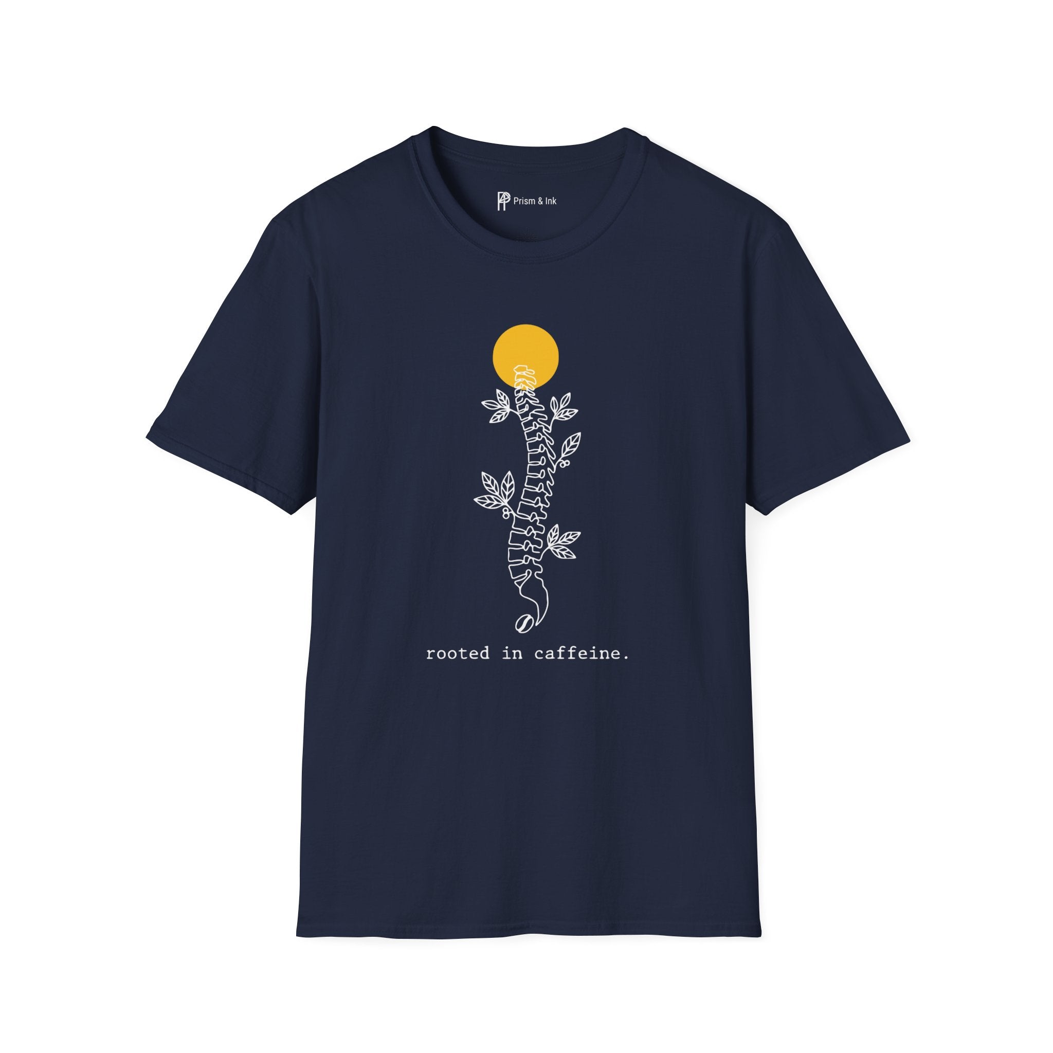 Rooted in Caffeine T-Shirt — Spinal Coffee Branch and Sun Graph