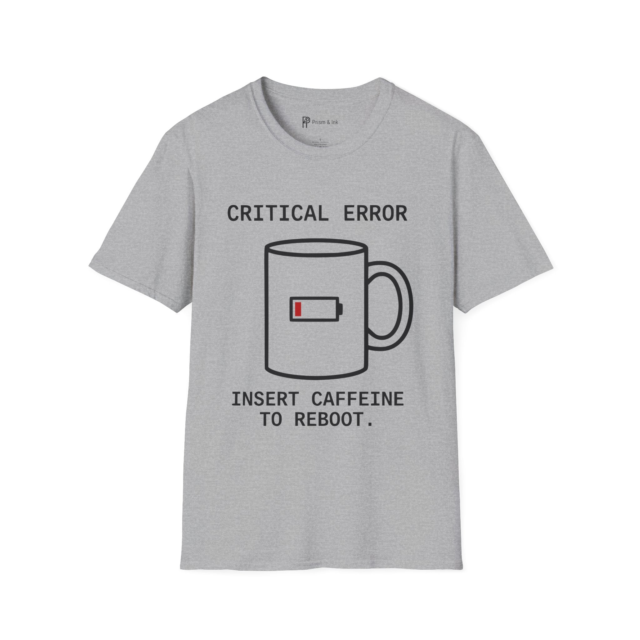 Critical Error Reboot T-Shirt — Funny Programmer Coffee & Low Battery Graphic