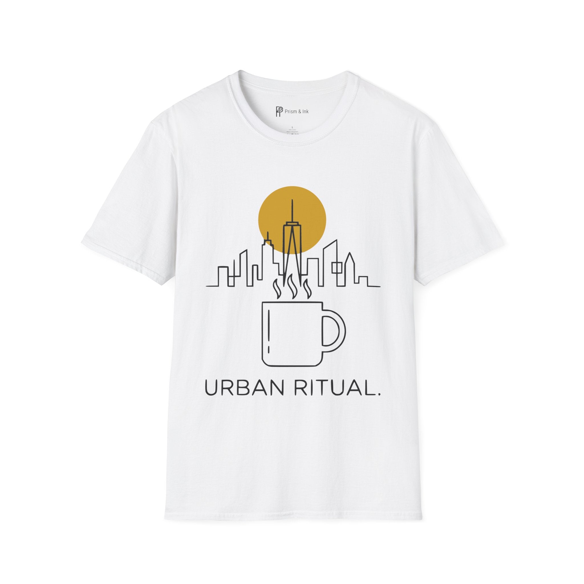 Urban Ritual T-Shirt — City Skyline Steam and Coffee Cup
