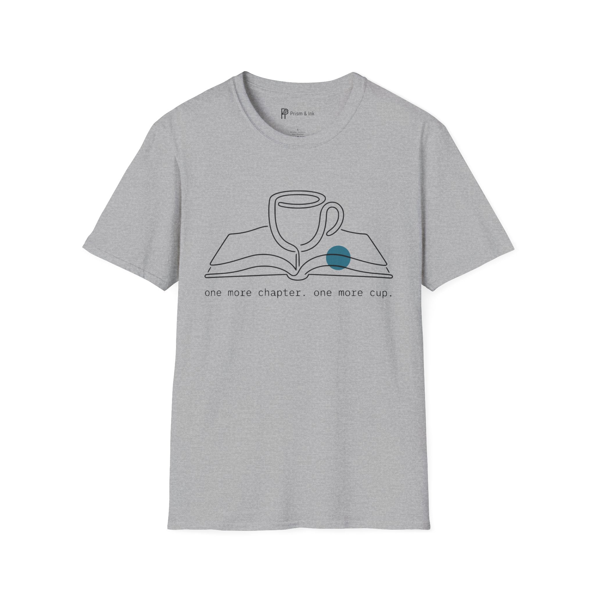 One More Chapter T-Shirt — Minimalist Book & Coffee Ritual Art