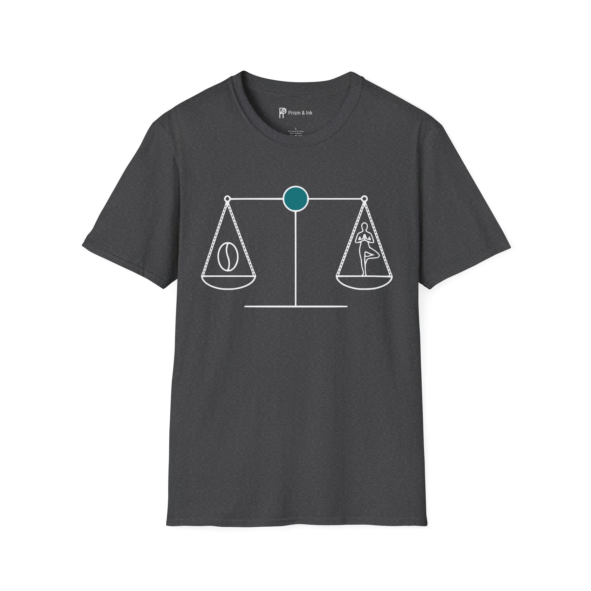 Caffeine Harmony T-Shirt — Zen Scales with Coffee Bean and Yoga Pose