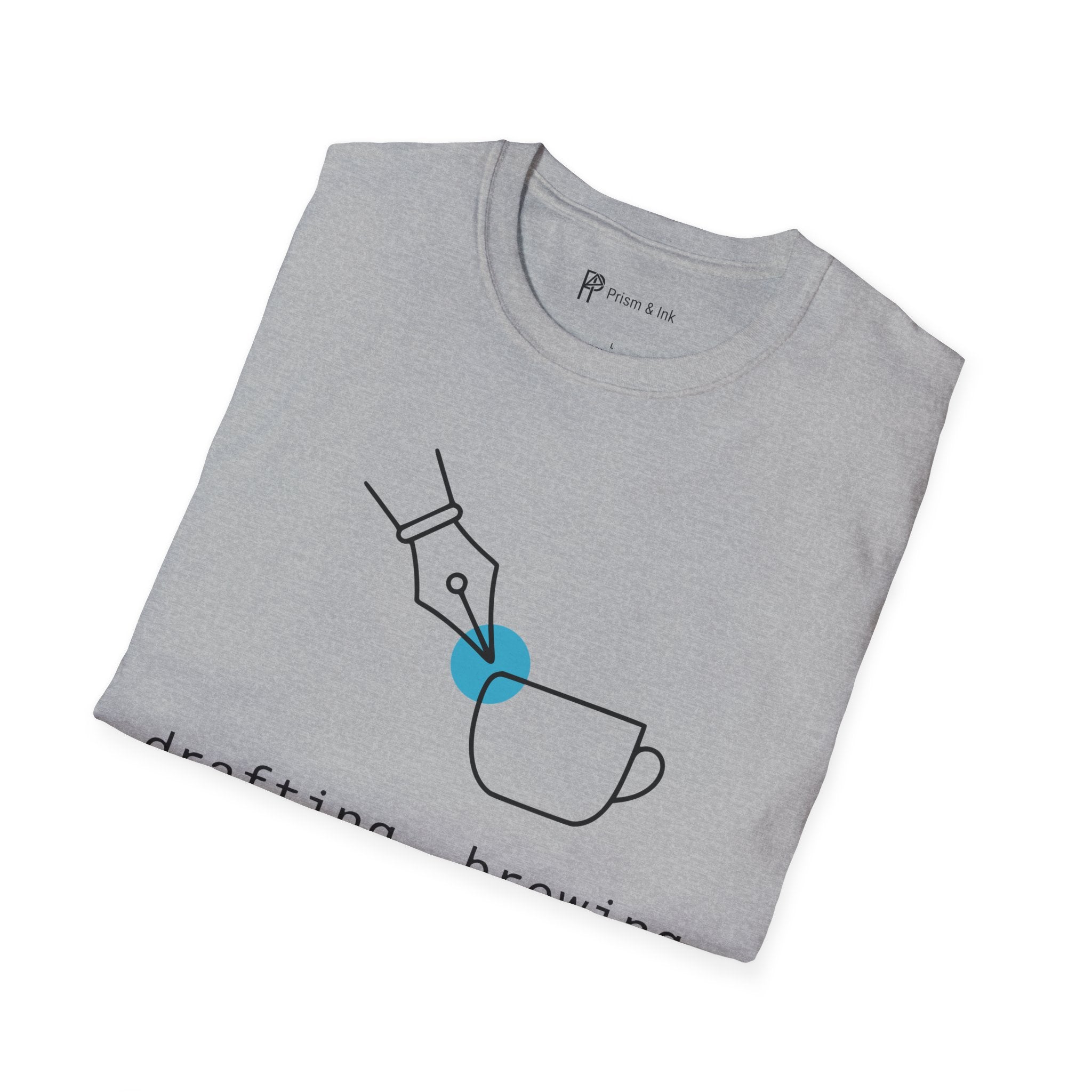 Drafting & Brewing T-Shirt — Minimalist Pen Nib & Coffee Line Art