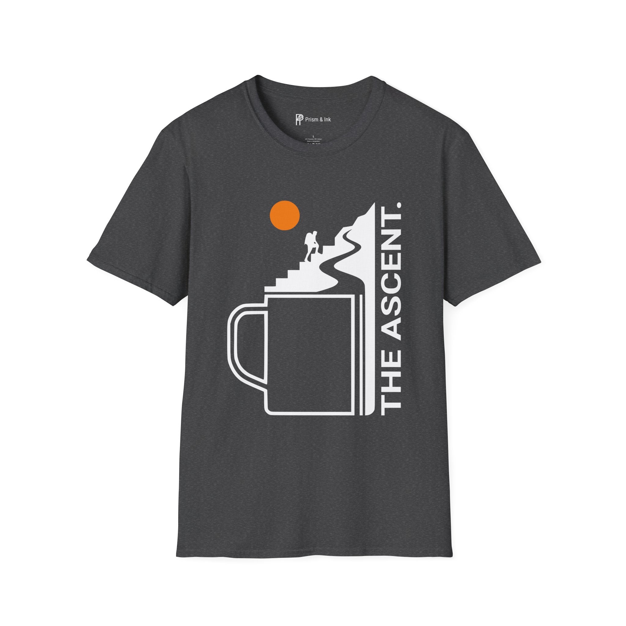 The Ascent T-Shirt — Coffee Cup Mountain Stairs and Hiker