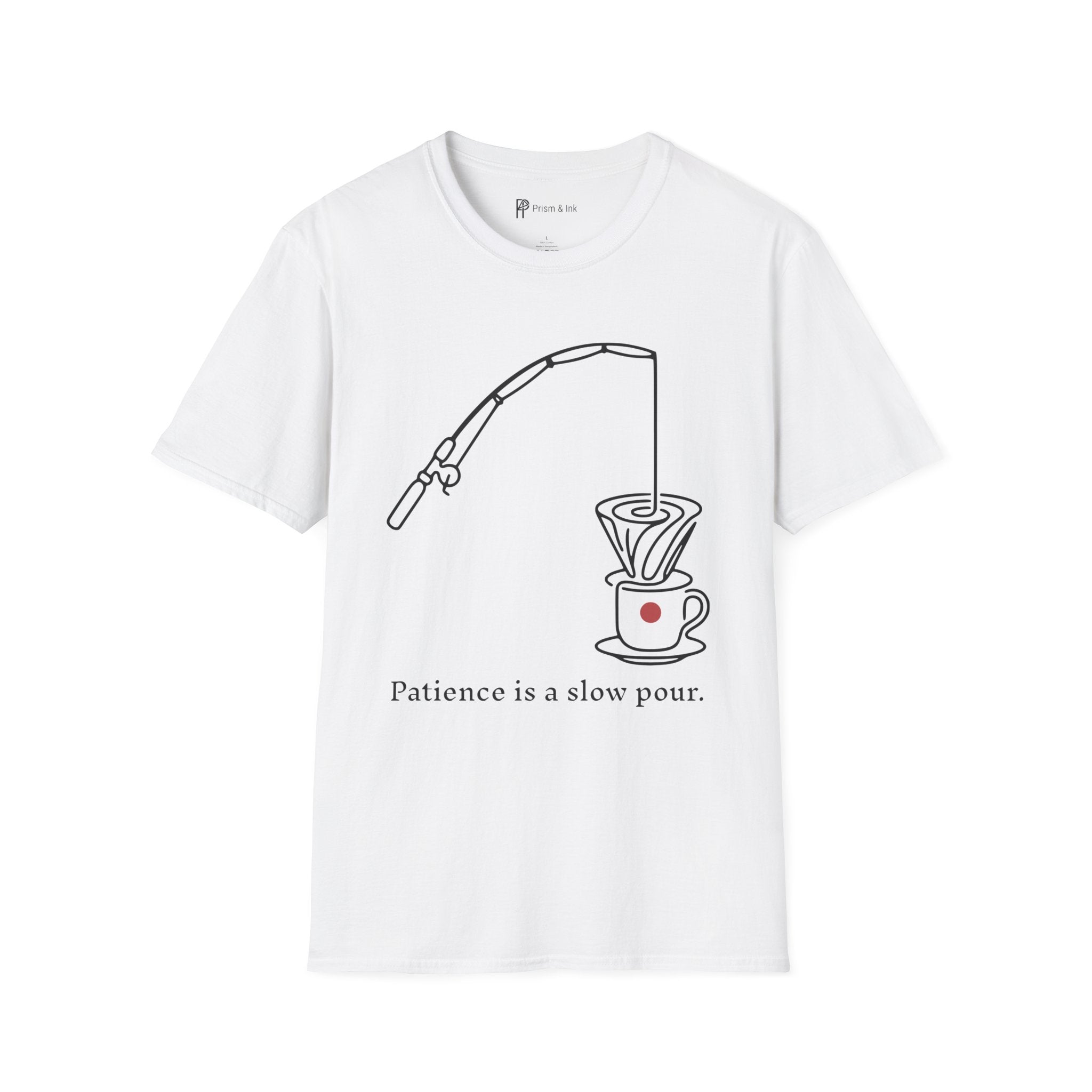 Slow Pour Patience T-Shirt — Fishing Rod & Coffee Dripper Graphic