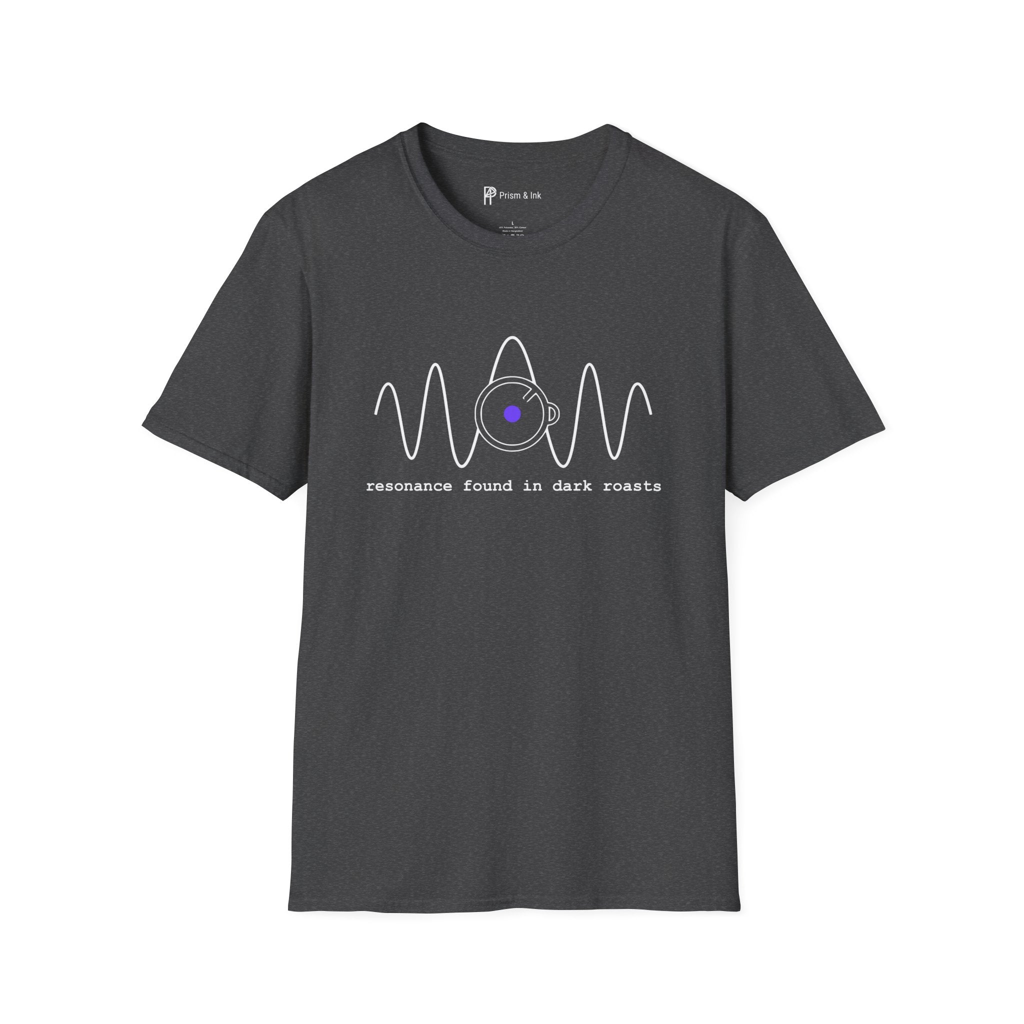 Dark Roast Resonance T-Shirt — Minimalist Audio Wave & Coffee Cup Art