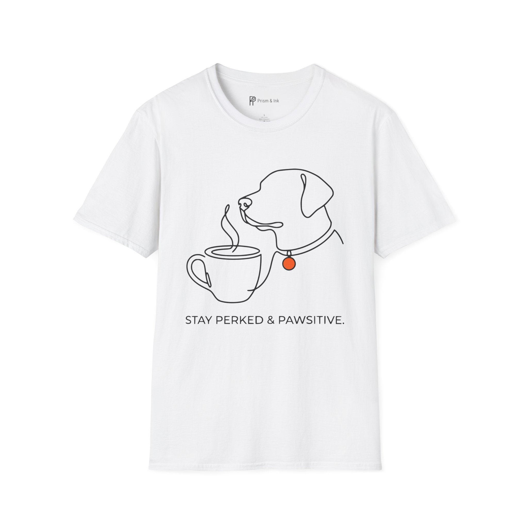 Stay Perked & Pawsitive T-Shirt — Minimal Dog and Coffee Line Art