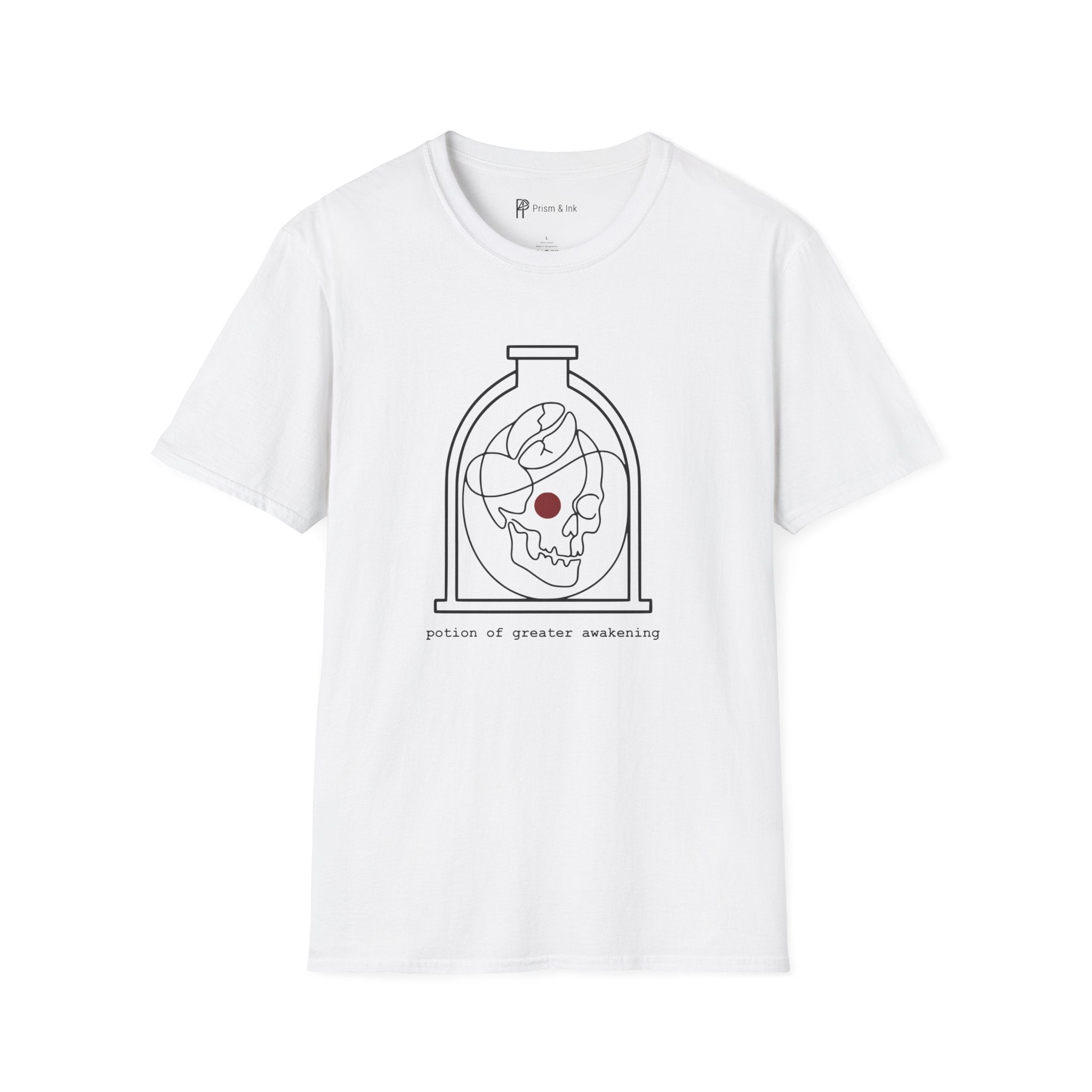 Potion of Greater Awakening T-Shirt — Minimalist Alchemy Flask & Coffee Bean Art