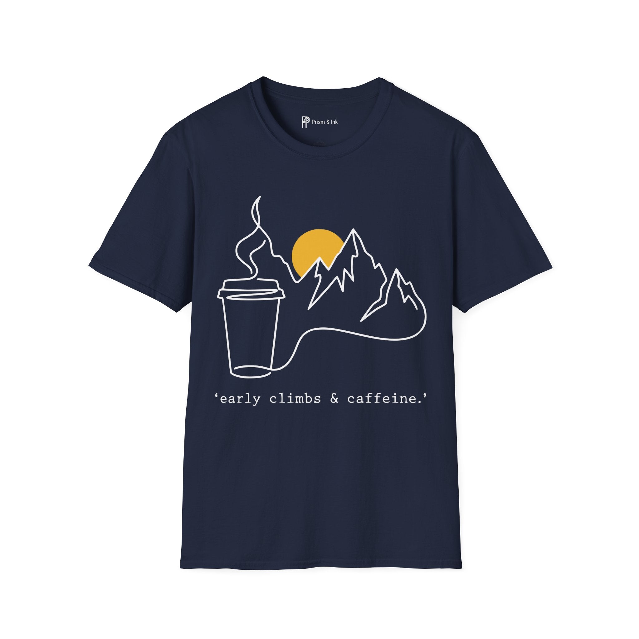 Early Climbs & Caffeine T-Shirt — Minimal Mountain and Mug Line Art
