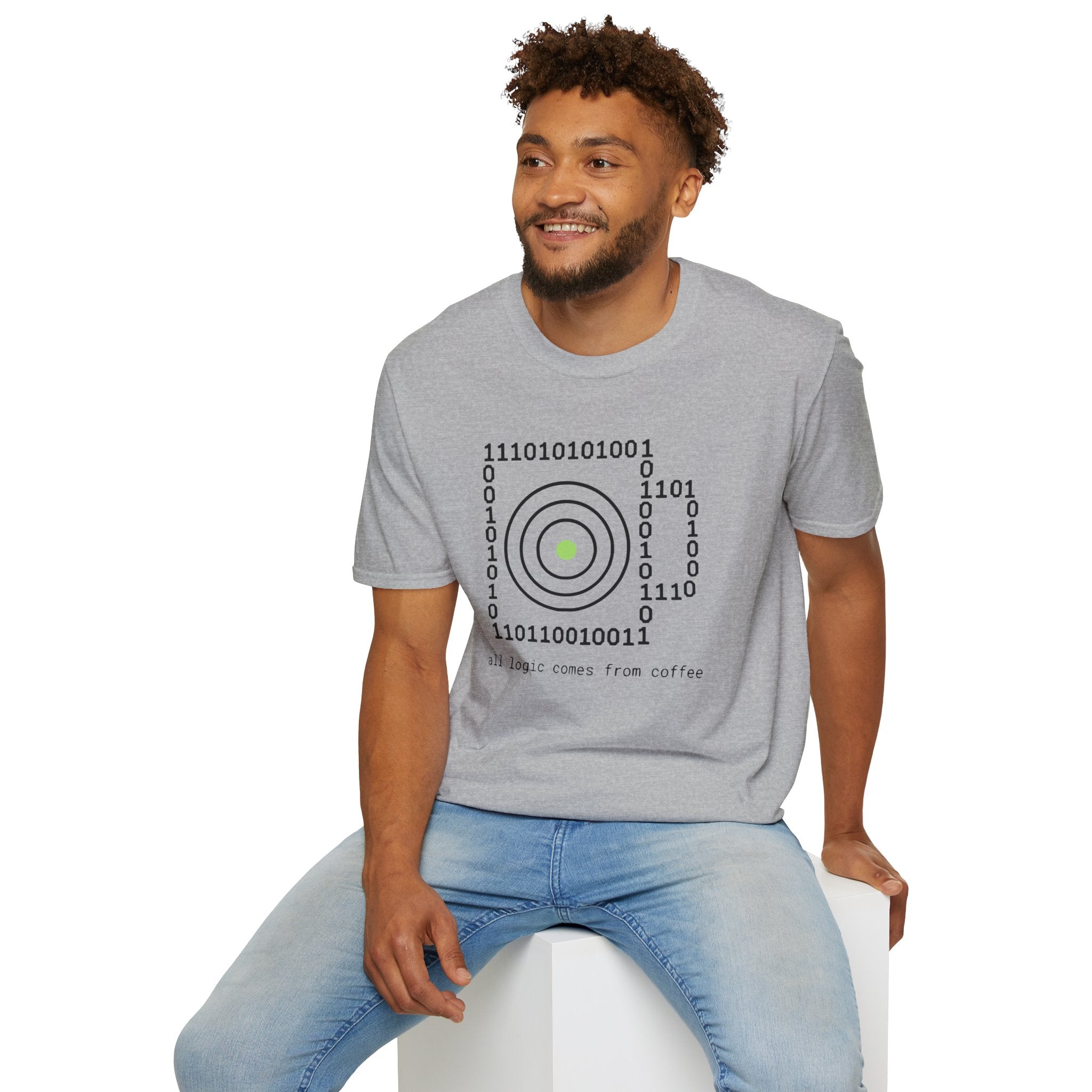 Binary Code Target T-Shirt — "All Logic Comes From Coffee" Geek T-Shirt