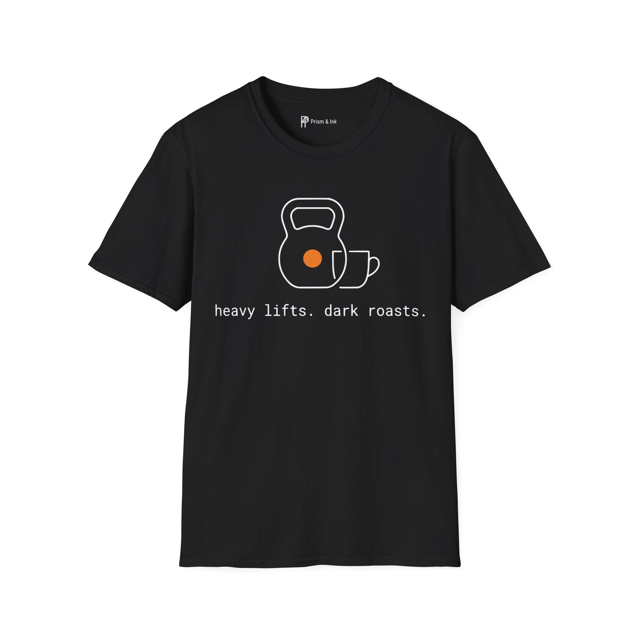 Heavy Lifts & Dark Roasts T-Shirt — Minimalist Kettlebell & Coffee Line Art