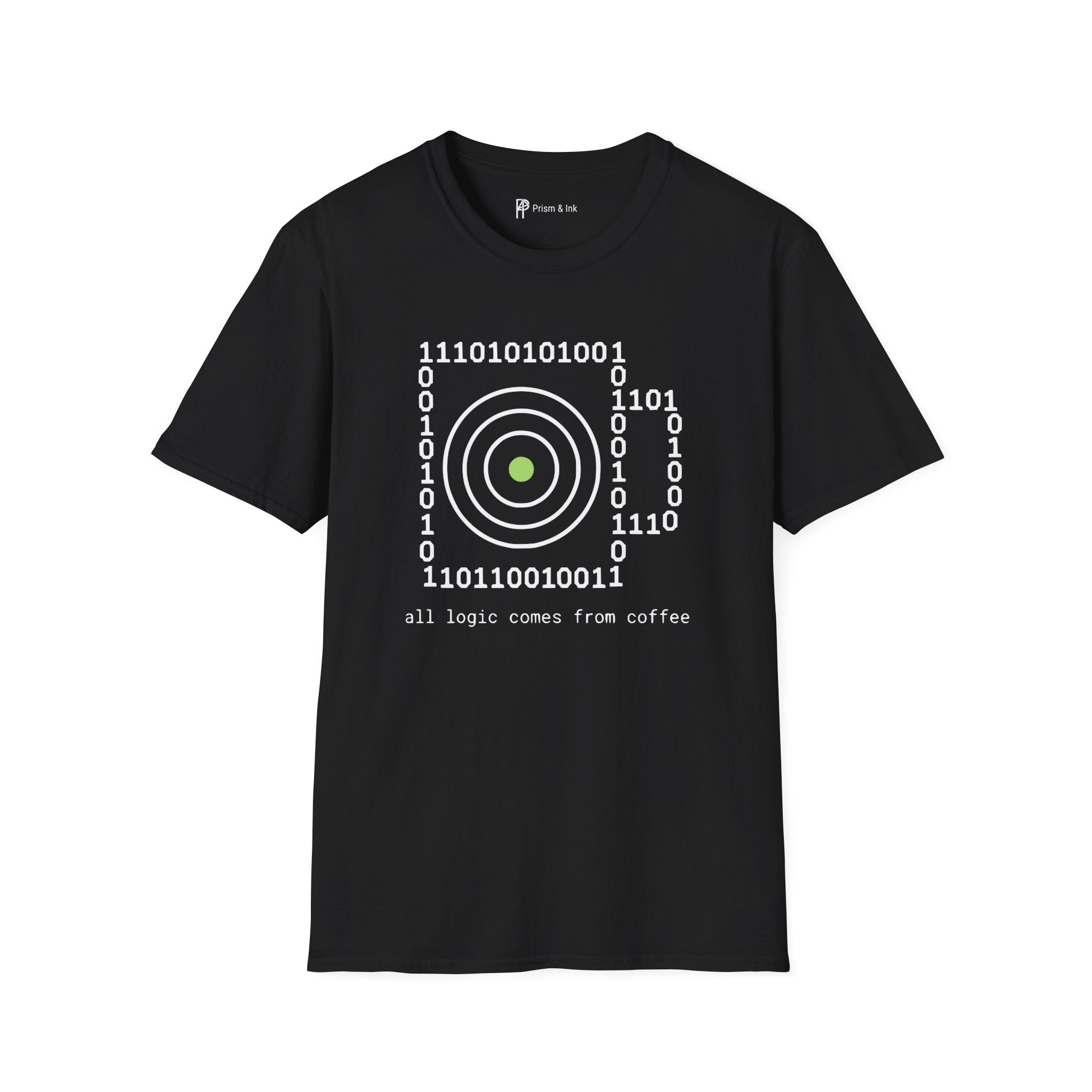 Binary Code Target T-Shirt — "All Logic Comes From Coffee" Geek T-Shirt