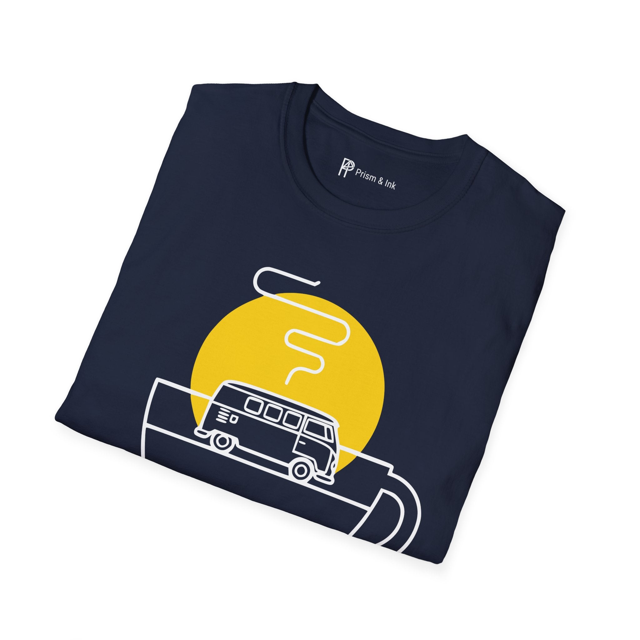 Morning Drift T-Shirt — Retro Camper Van and Coffee Cup