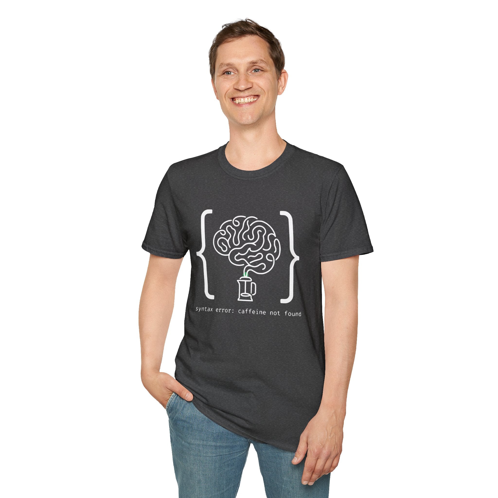 Syntax Error Caffeine Not Found T-Shirt — Minimalist Developer Brain & Coffee Art
