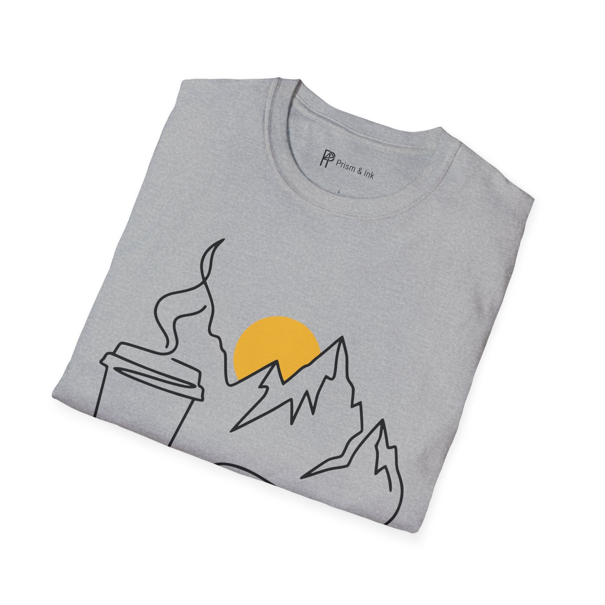 Early Climbs & Caffeine T-Shirt — Minimal Mountain and Mug Line Art