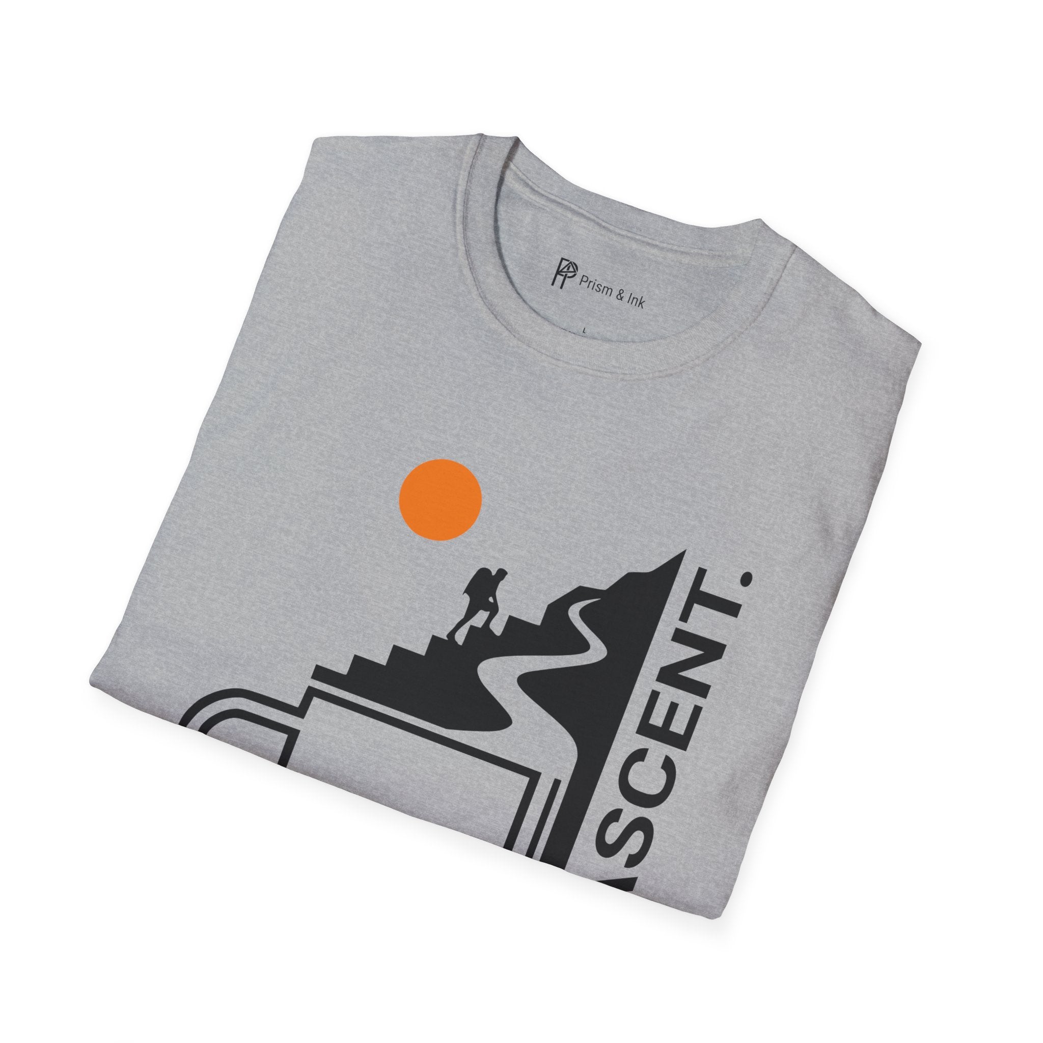 The Ascent T-Shirt — Coffee Cup Mountain Stairs and Hiker