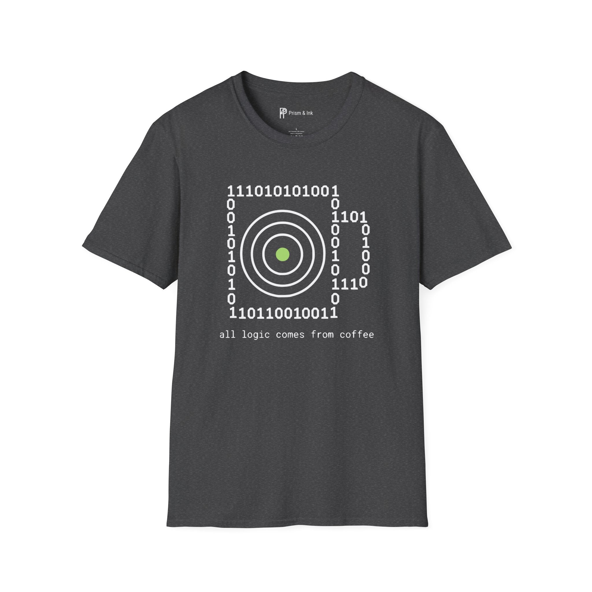 Binary Code Target T-Shirt — "All Logic Comes From Coffee" Geek T-Shirt