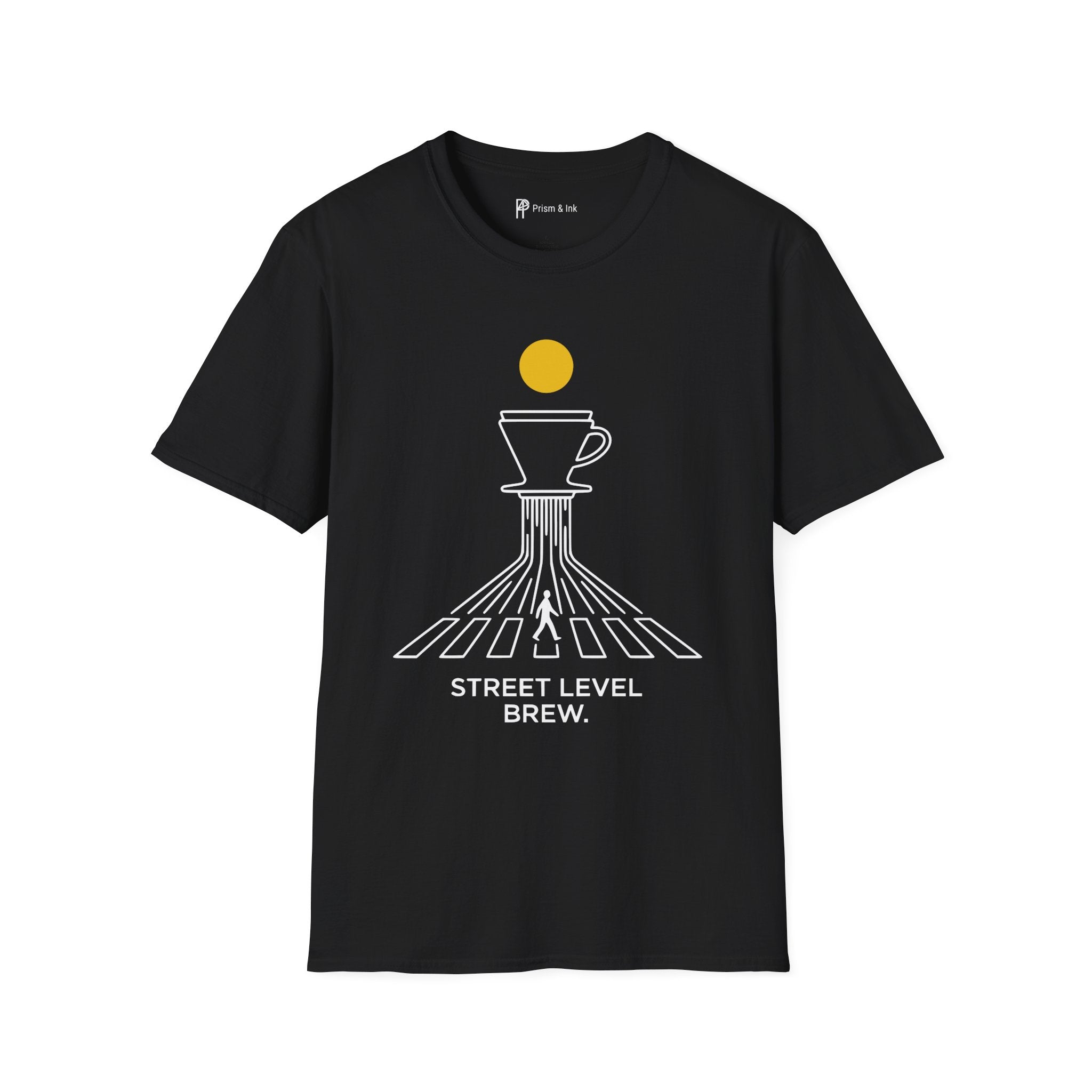 Street Level Brew T-Shirt — Pour-Over Dripper and Crosswalk Silhouette