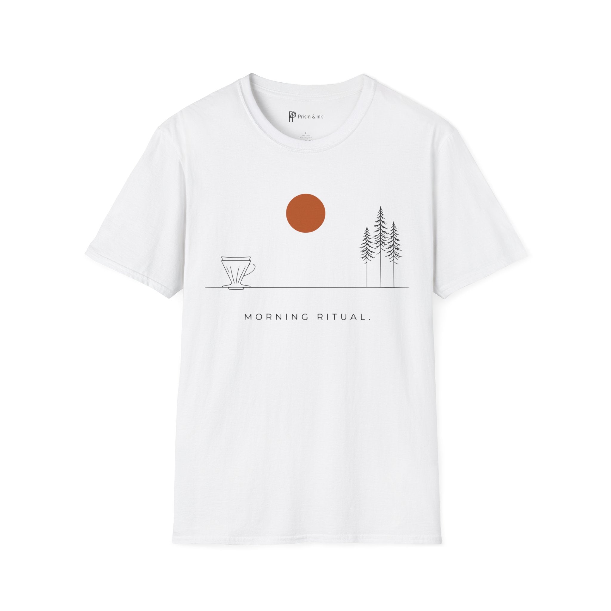 Morning Ritual T-Shirt — Minimalist Pour-Over and Forest Horizon