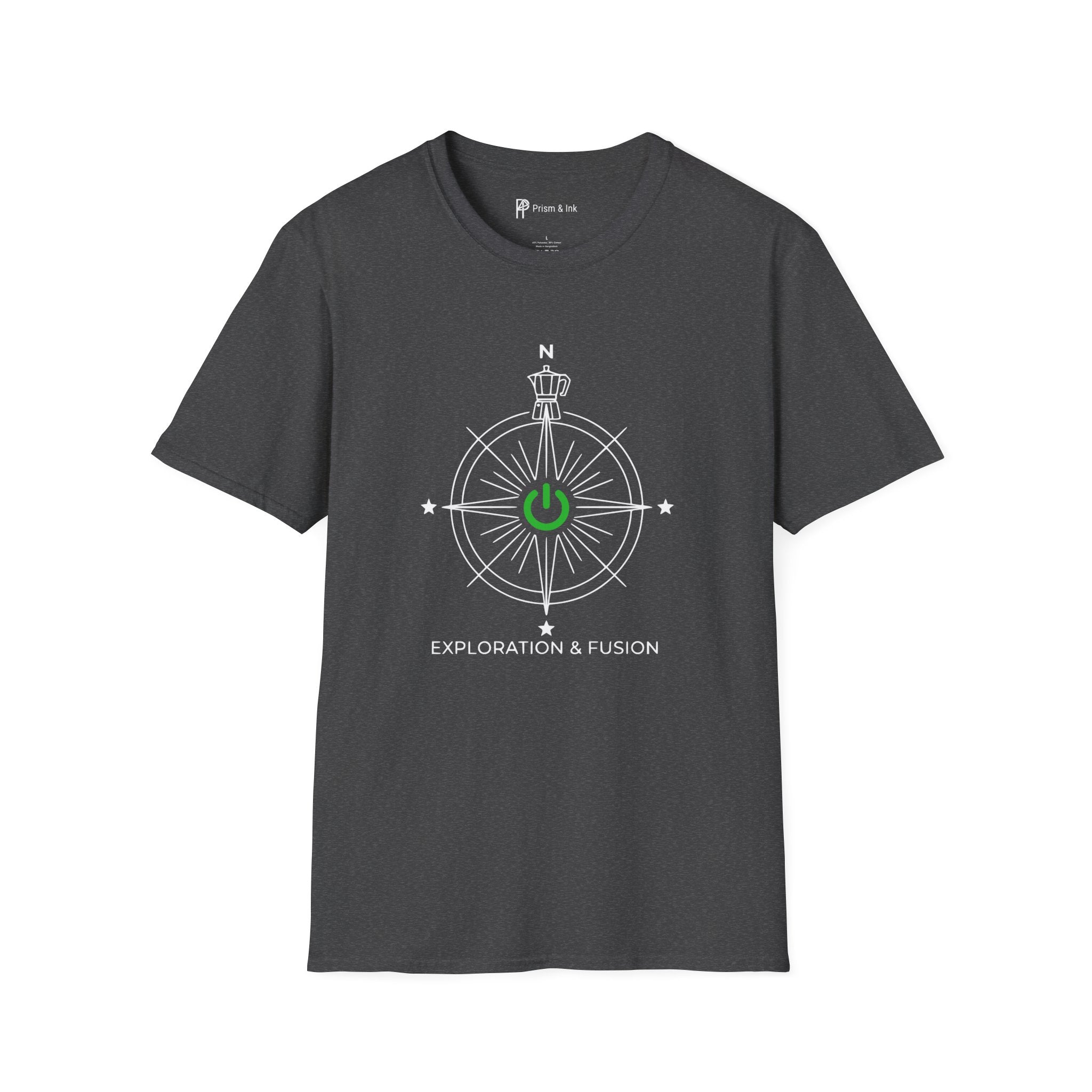 Exploration & Fusion T-Shirt — Minimalist Coffee Compass & Moka Pot Art