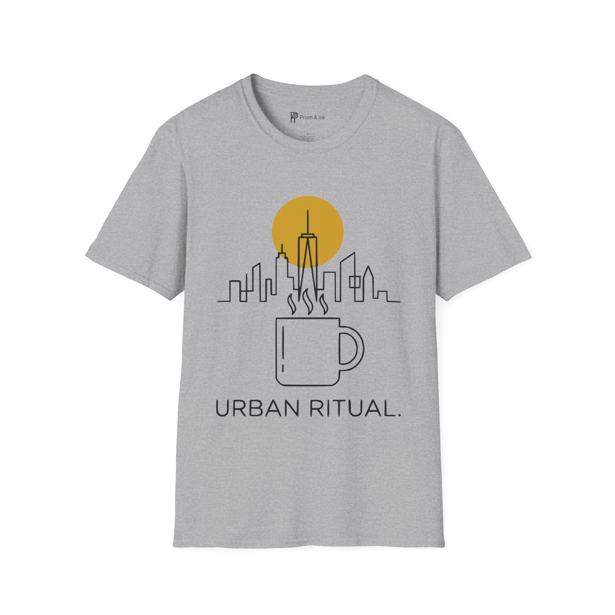 Urban Ritual T-Shirt — City Skyline Steam and Coffee Cup