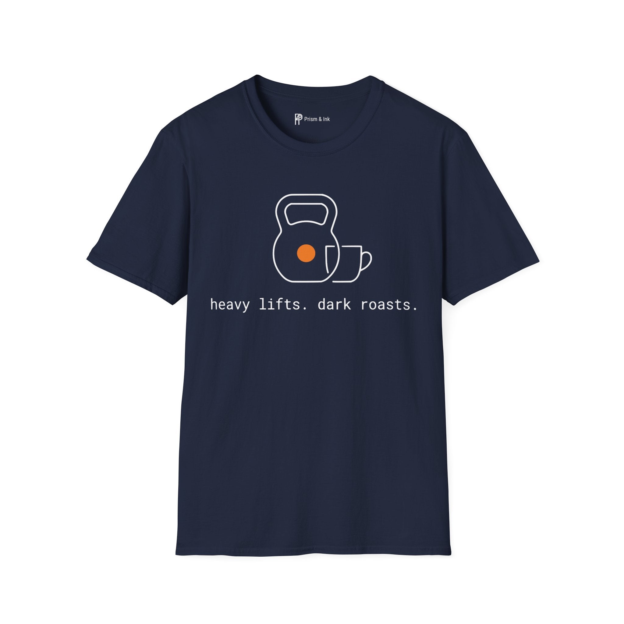 Heavy Lifts & Dark Roasts T-Shirt — Minimalist Kettlebell & Coffee Line Art