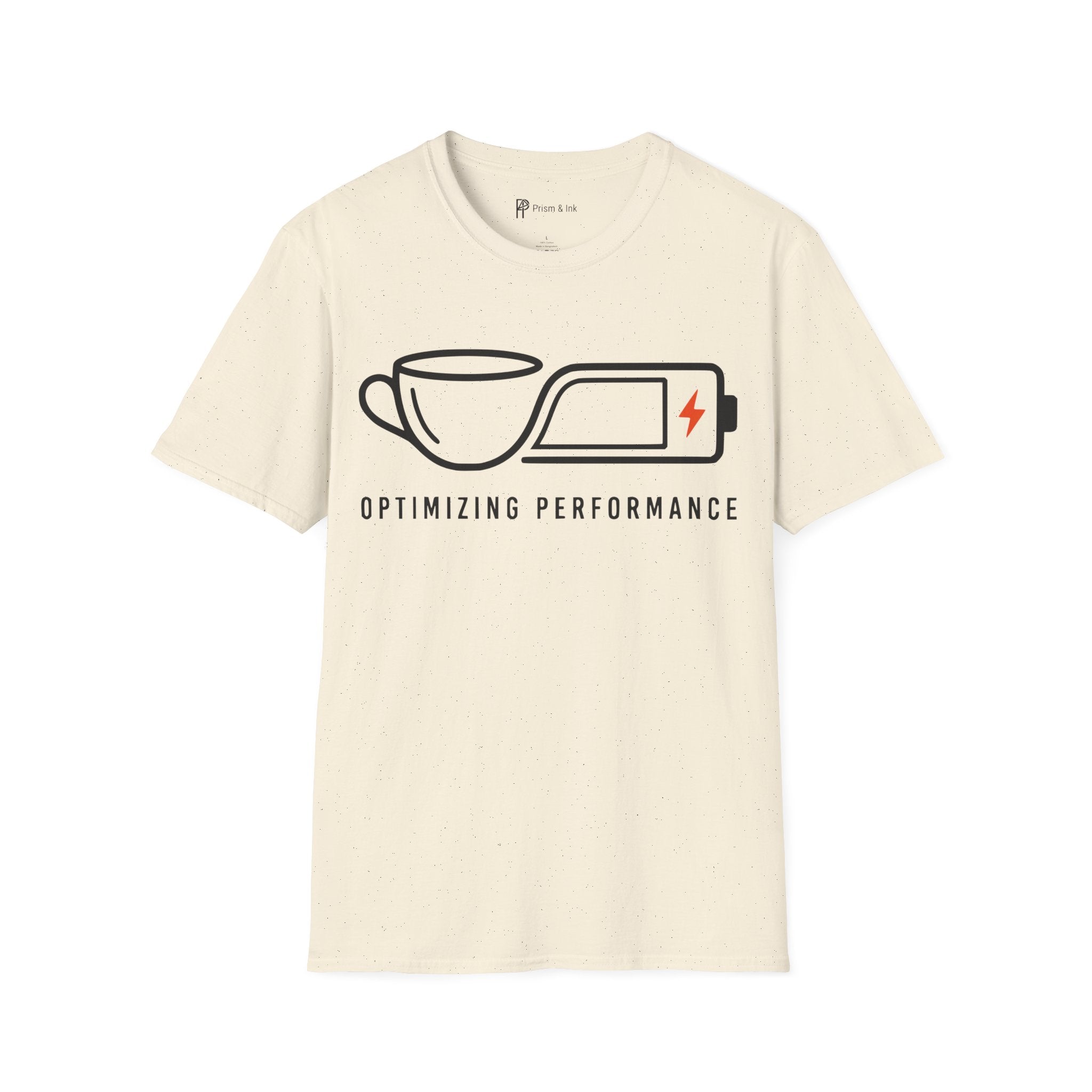 Optimizing Performance T-Shirt — Minimalist Coffee Cup & Battery Charge Graphic